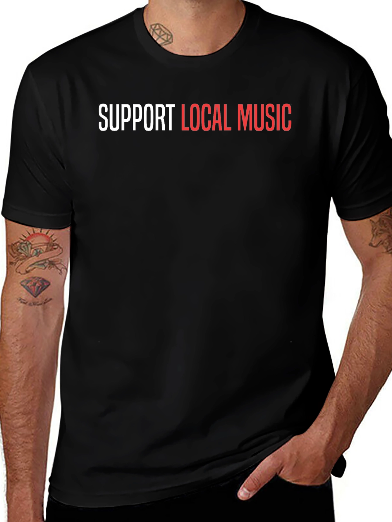 Variant 24 of Support Local Music T-Shirt - Black Crew Neck Tee