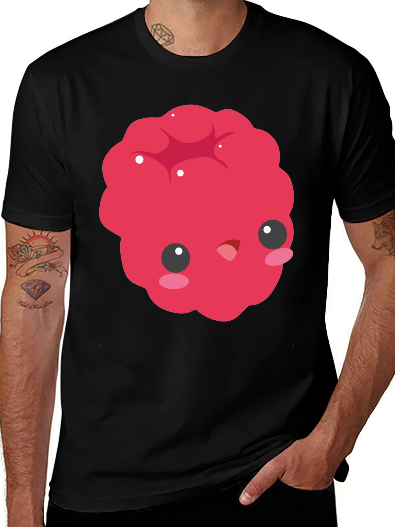 Variant 27 of Kawaii Raspberry Graphic T-Shirt - Black Cotton Tee
