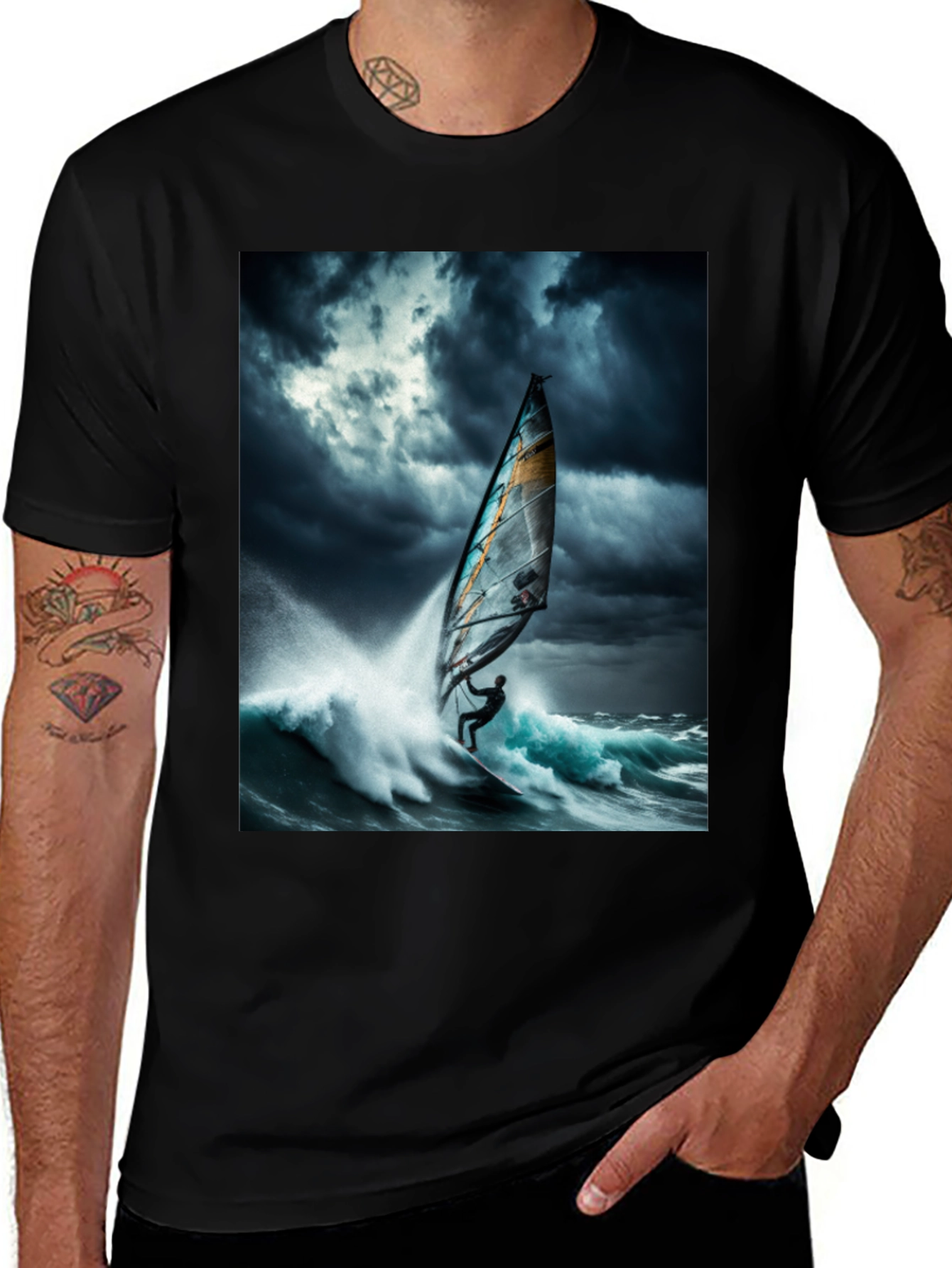 Variant 27 of Windsurfing Waves T-Shirt - Black
