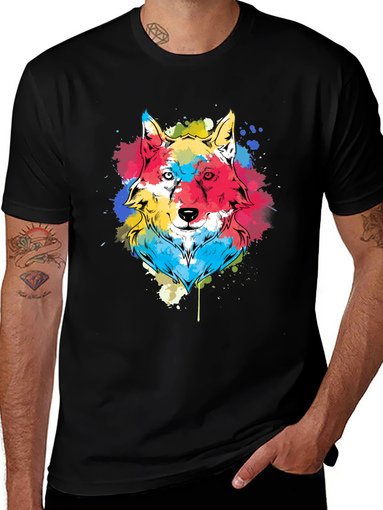 Variant 18 of Colorful Wolf Graphic Tee - Black Cotton Blend