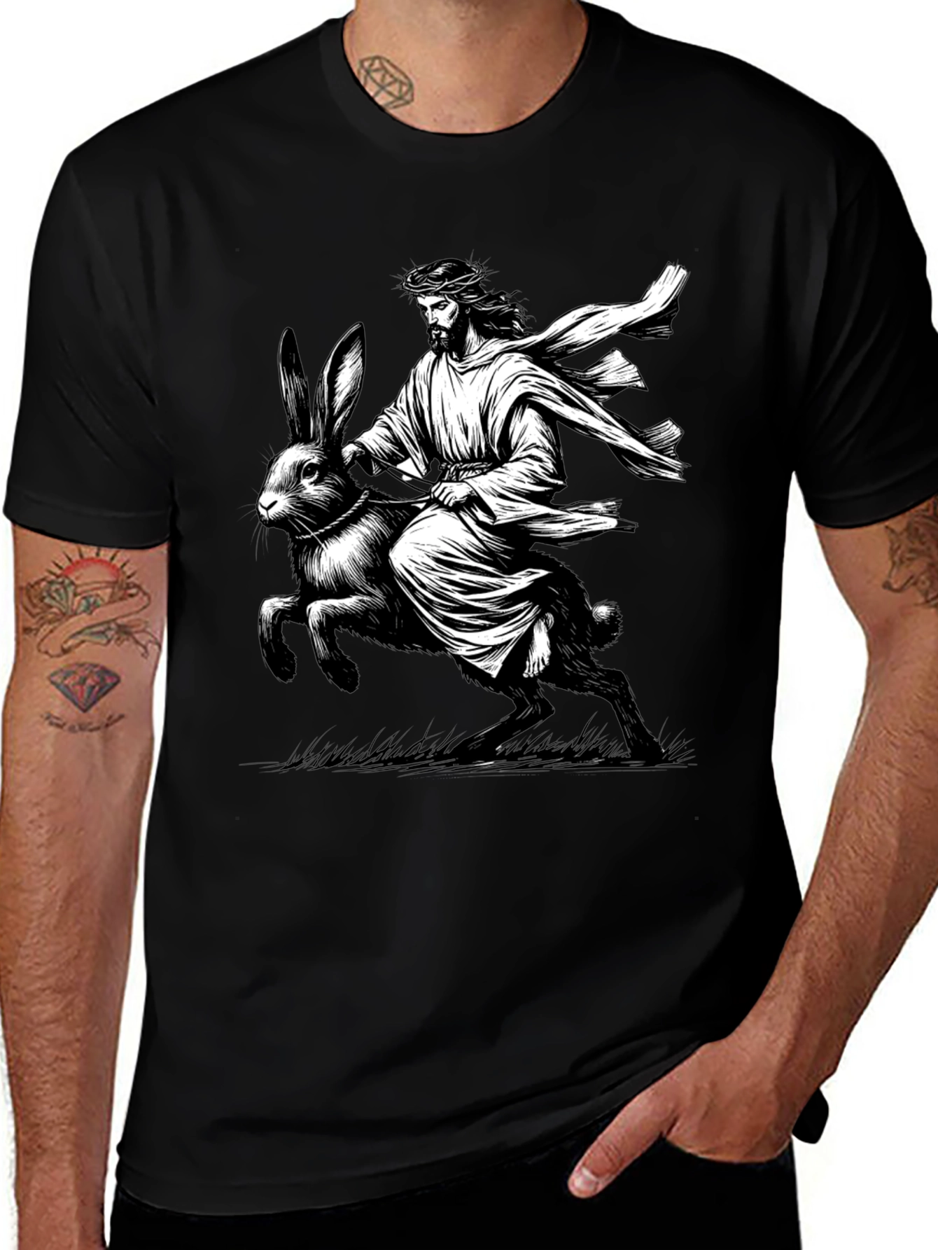 Variant 7 of Jesus Riding Easter Bunny Graphic Tee