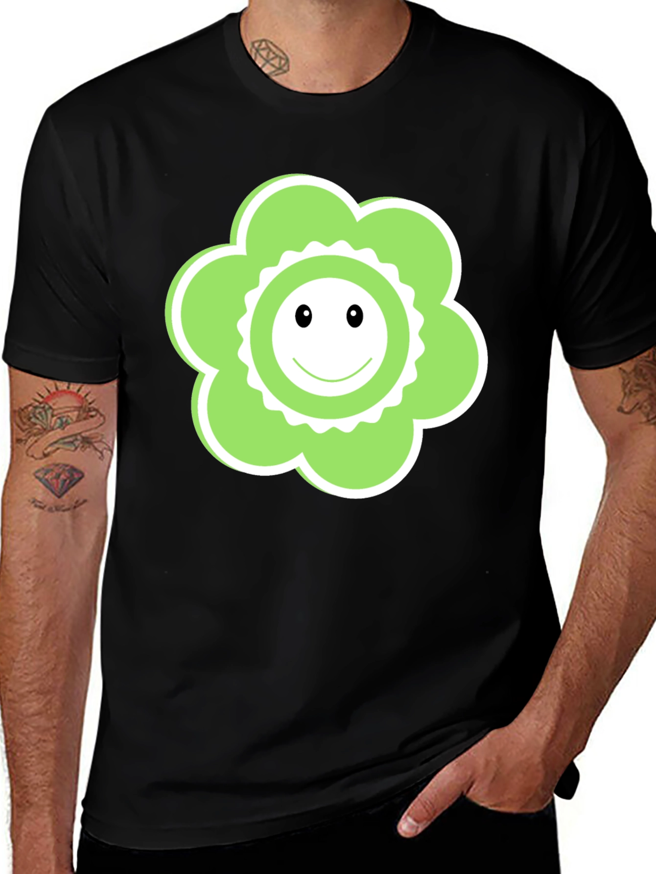 Variant 23 of Funky Flower Smiley Face Black T-Shirt