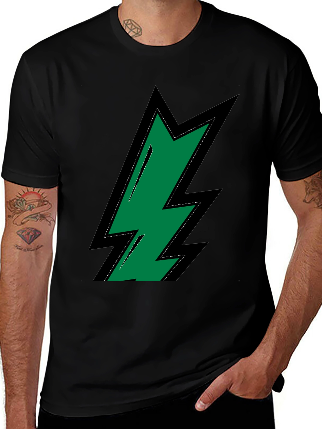 Variant 7 of Green Lightning Bolt Graphic Black T-Shirt