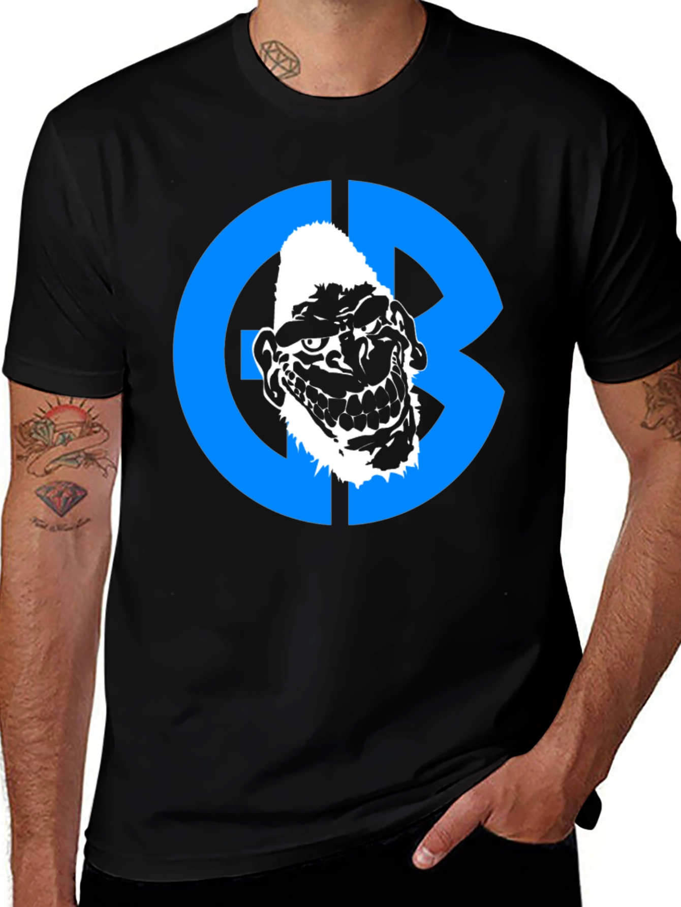 Black Graphic Tee: Grotesque Face in Blue Circle main image