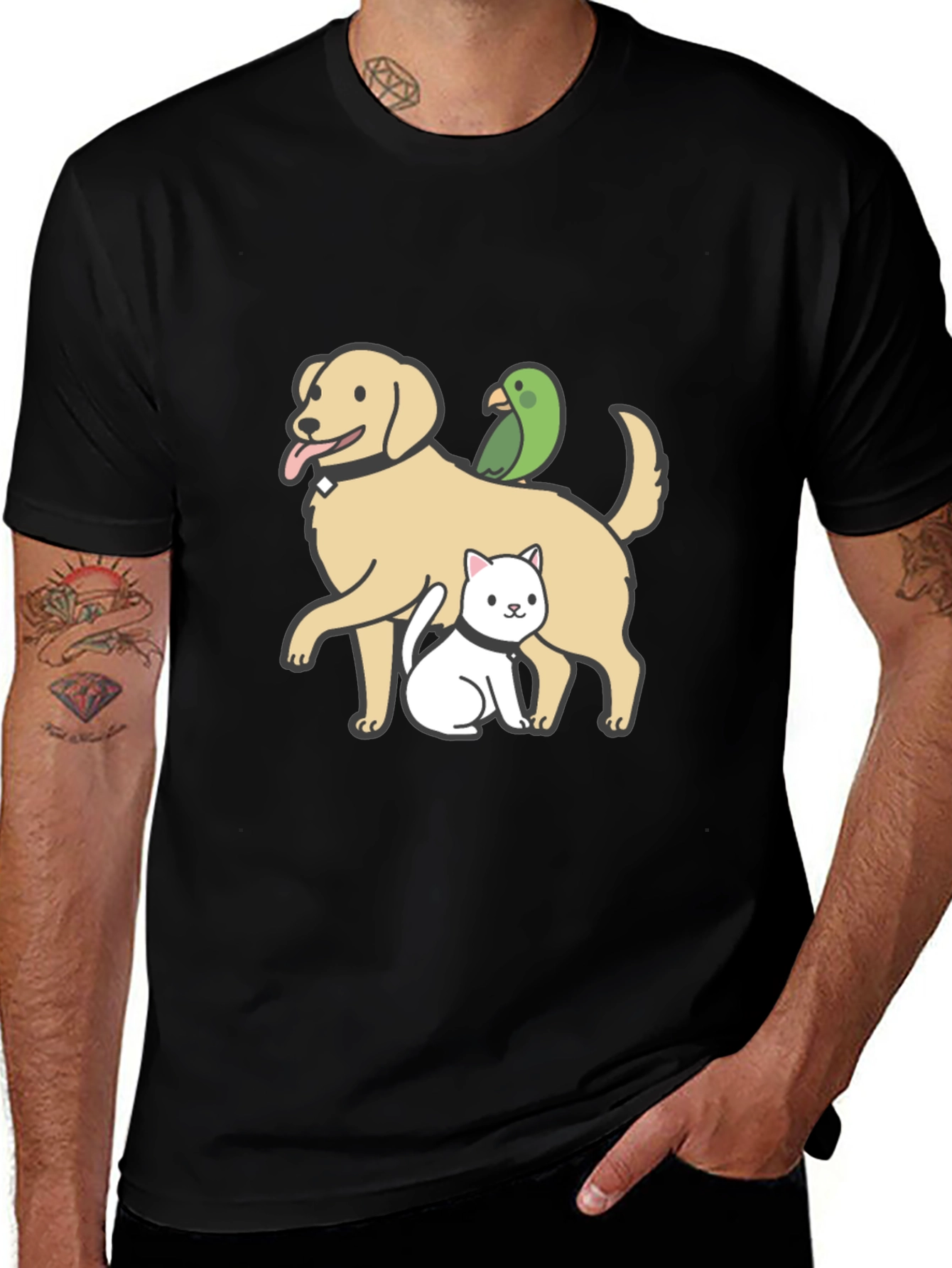 Variant 19 of Dog Cat Parrot Cartoon Graphic Black T-Shirt
