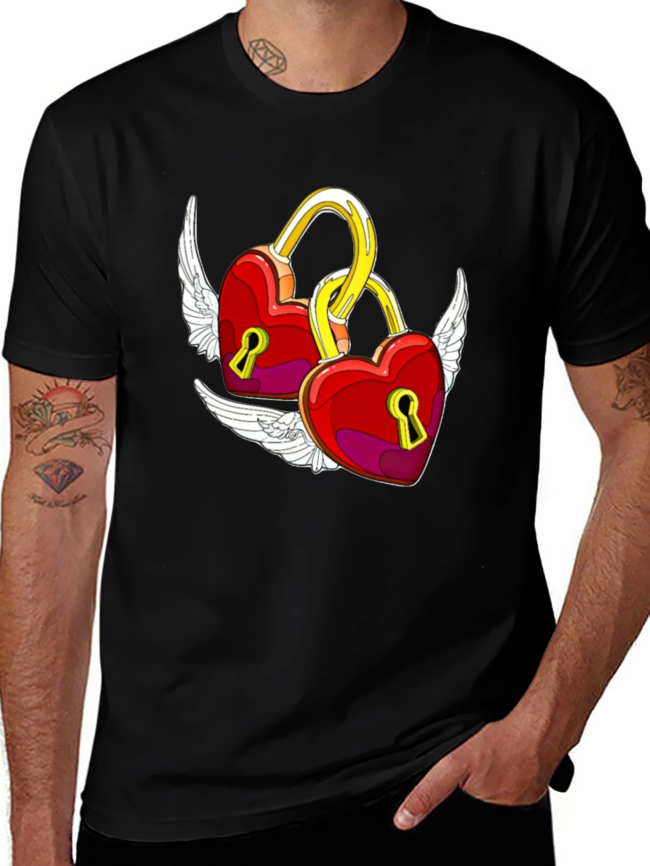 Variant 5 of Heart Locks with Wings Black Graphic Tee