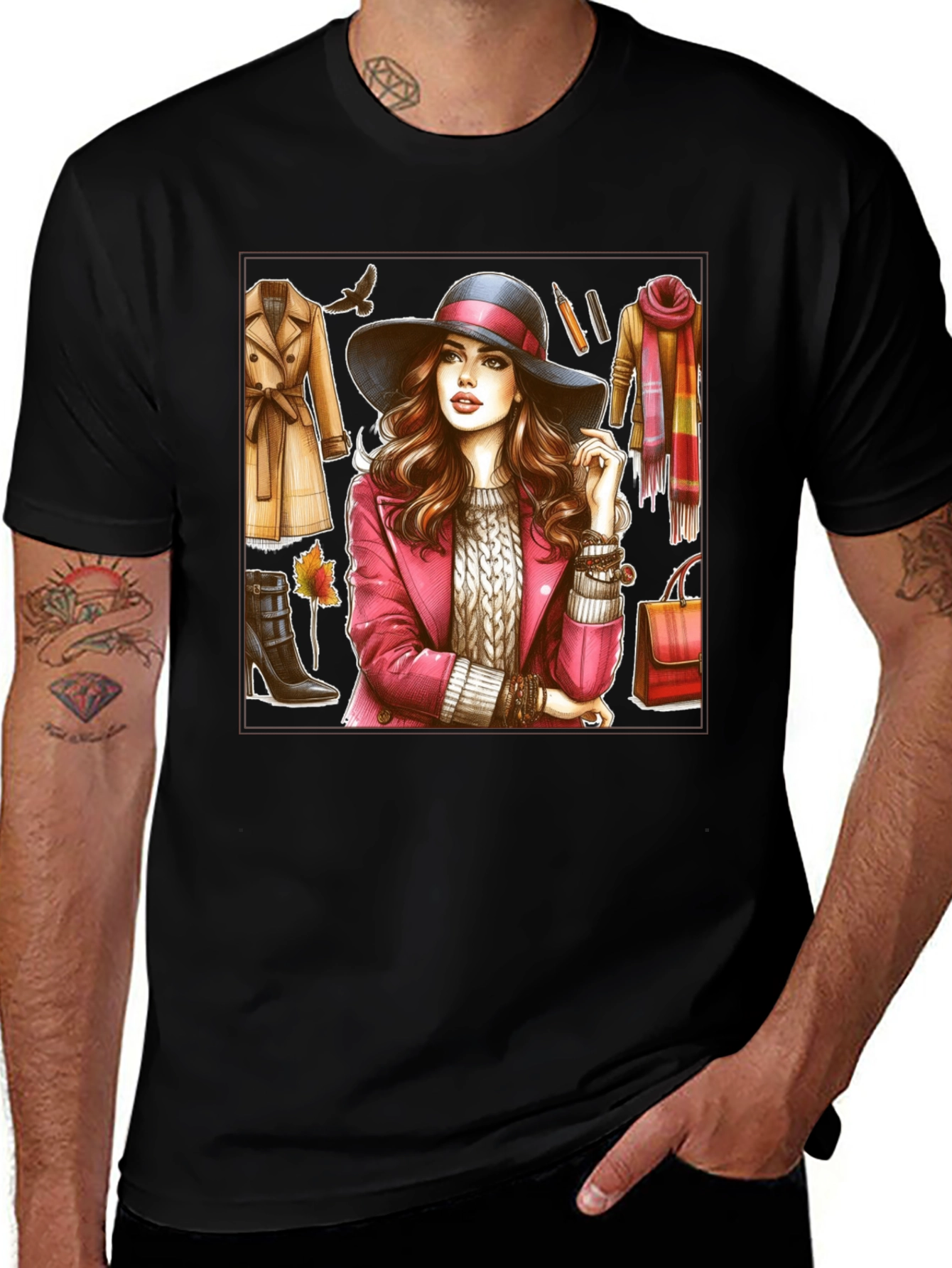 Camiseta Negra con Estampado de Moda Otoñal para Mujer