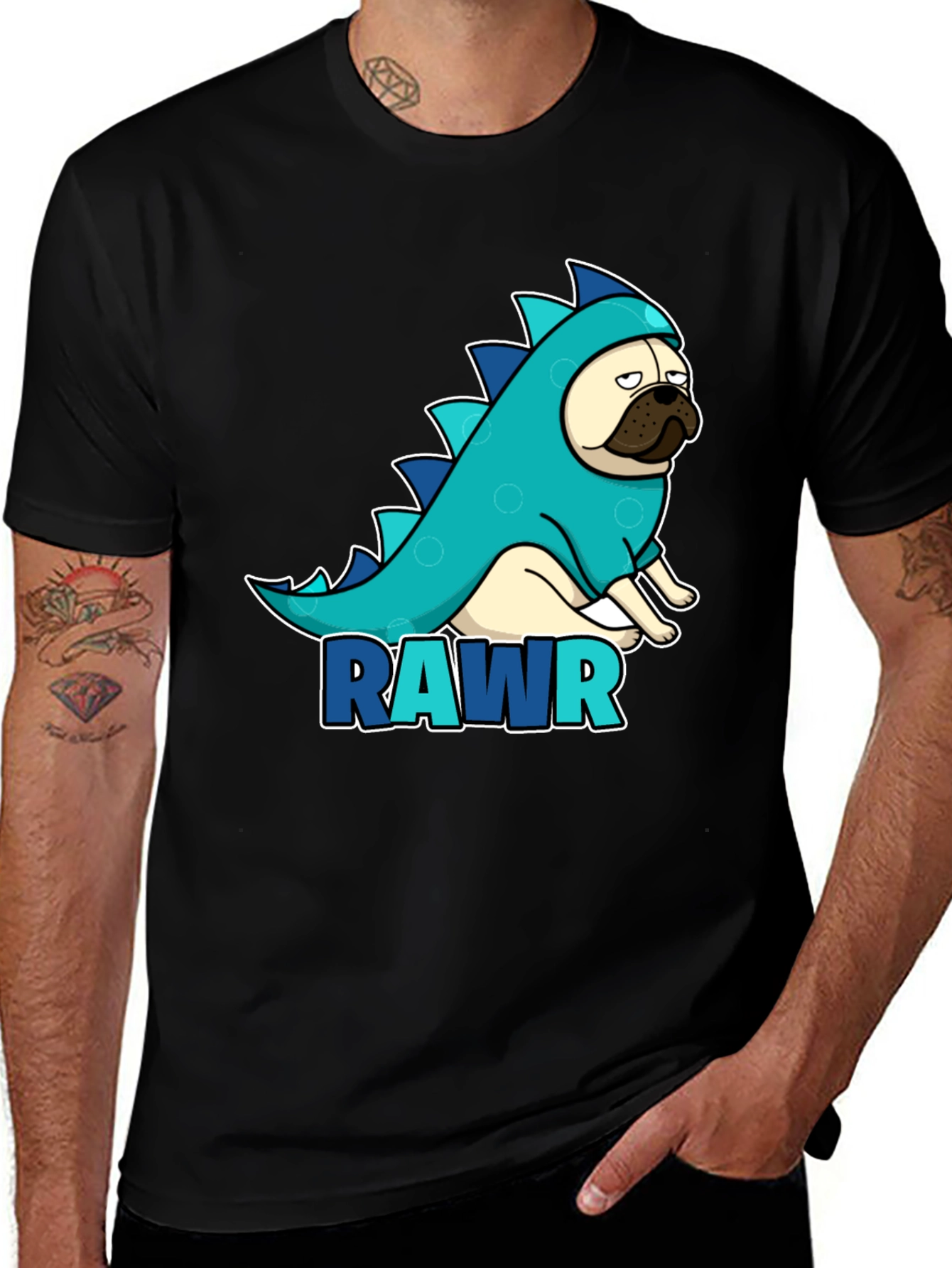 Variant 28 of Pug Dinosaur RAWR T-Shirt - Black Cotton Tee