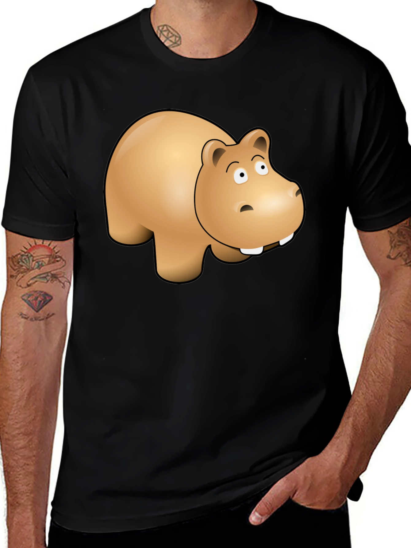 Variant 13 of Cartoon Hippo Graphic Tee - Black Cotton Blend