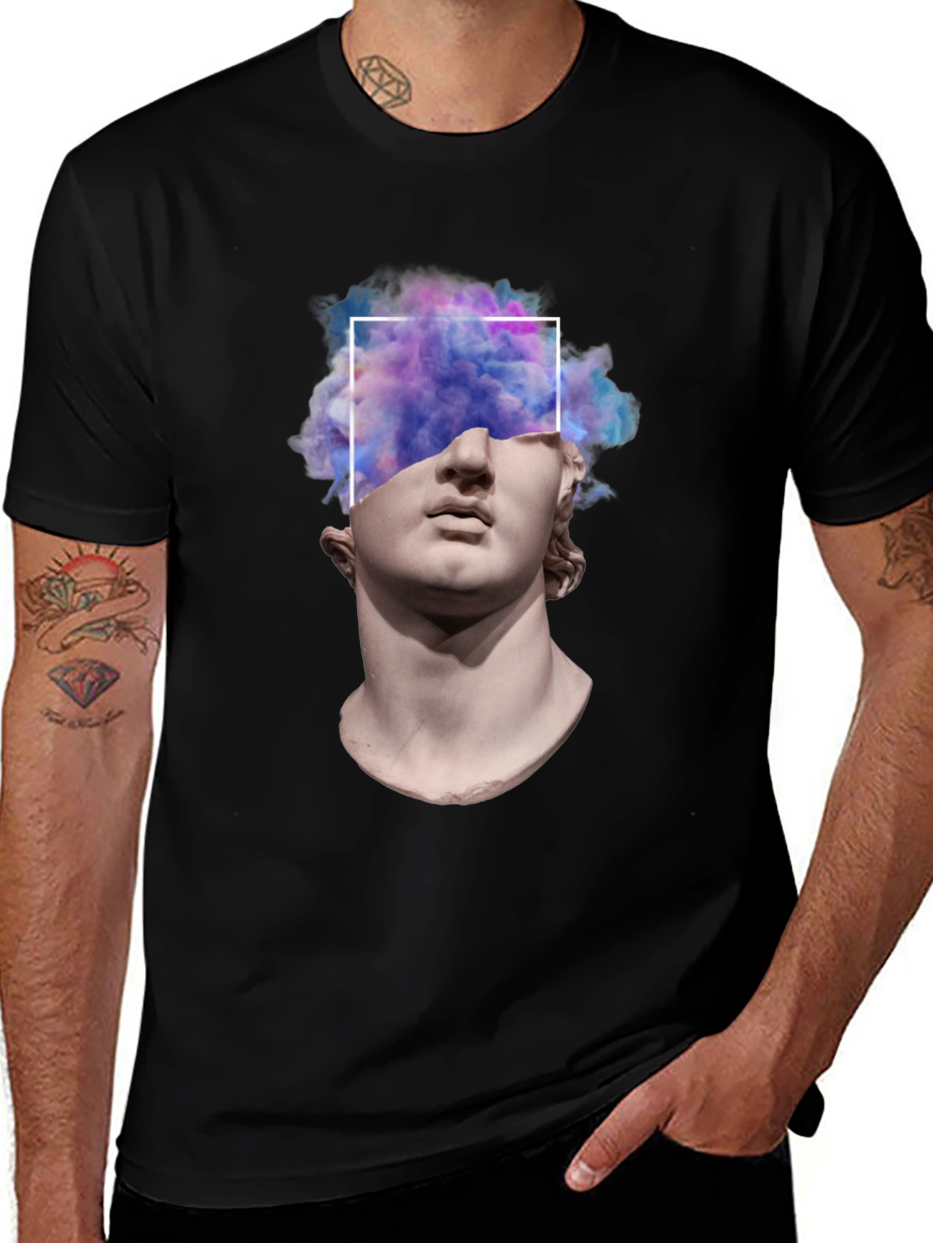 Modern Art T-Shirt: Statue Head with Geometric Vaporwave Design
