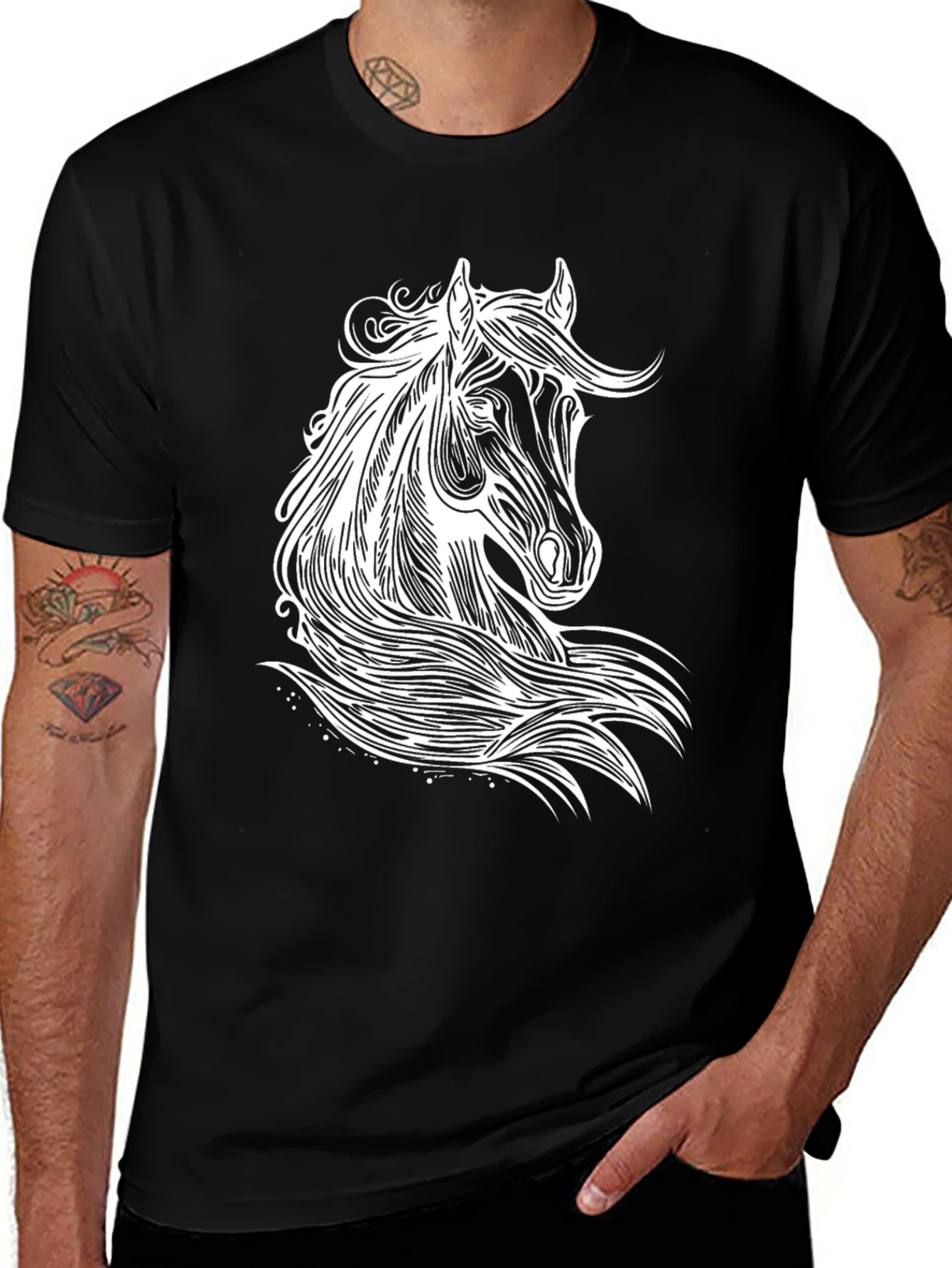 Variant 22 of Men's Black T-Shirt with White Horse Graphic