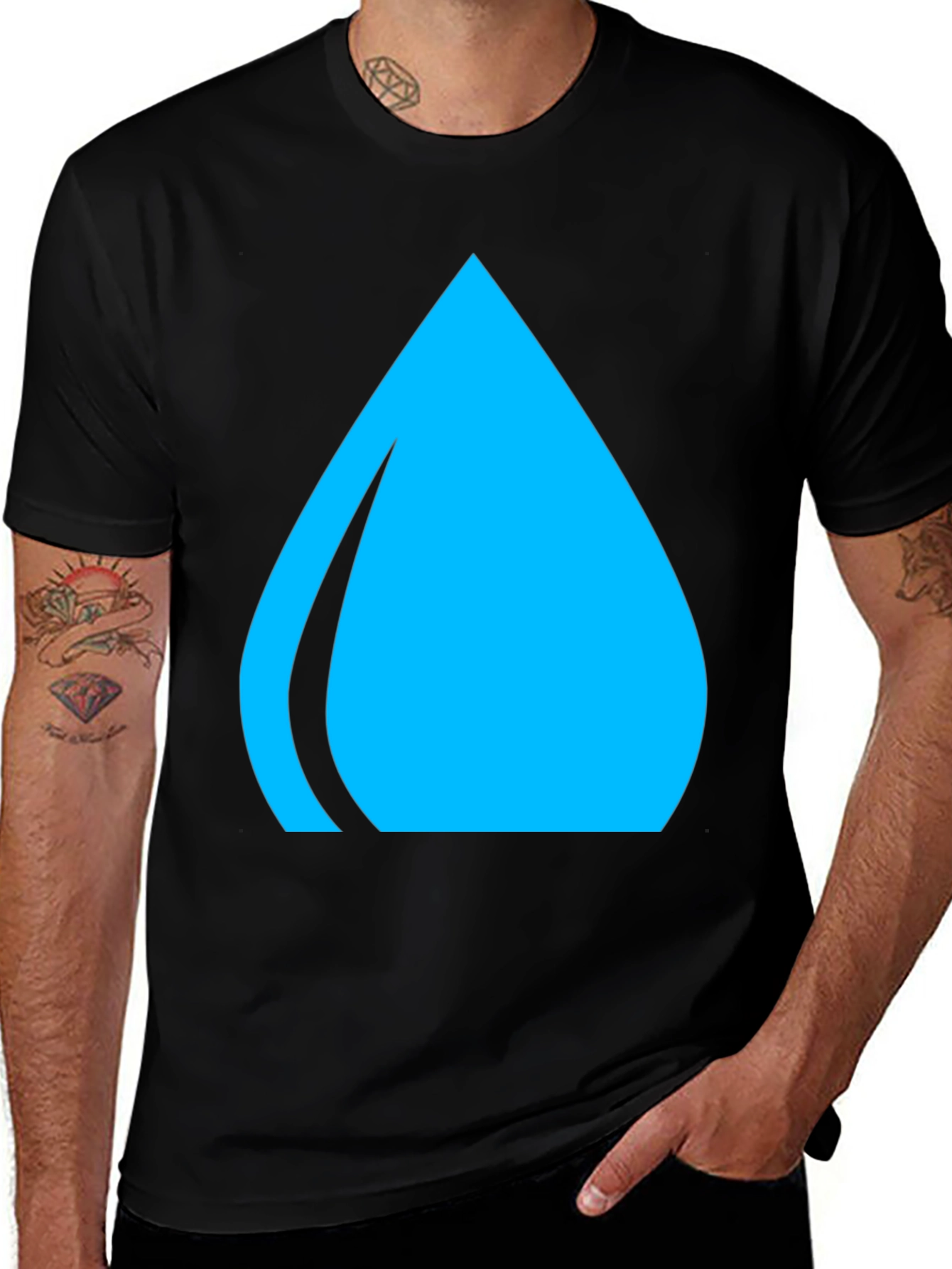 Blue Water Drop Graphic Tee - Casual Black T-Shirt