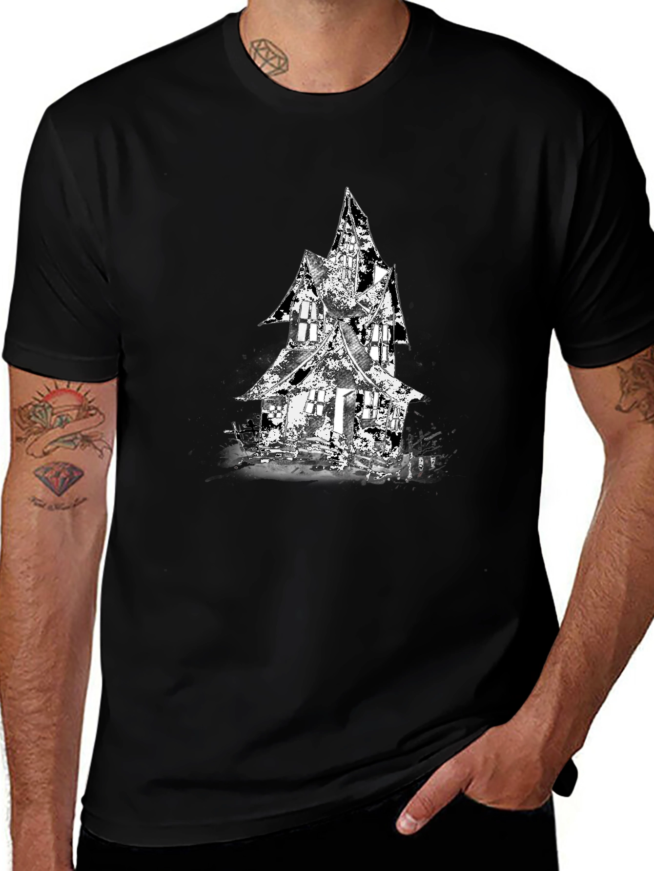 Variant 15 of Haunted House Graphic Tee - Men's Black T-Shirt
