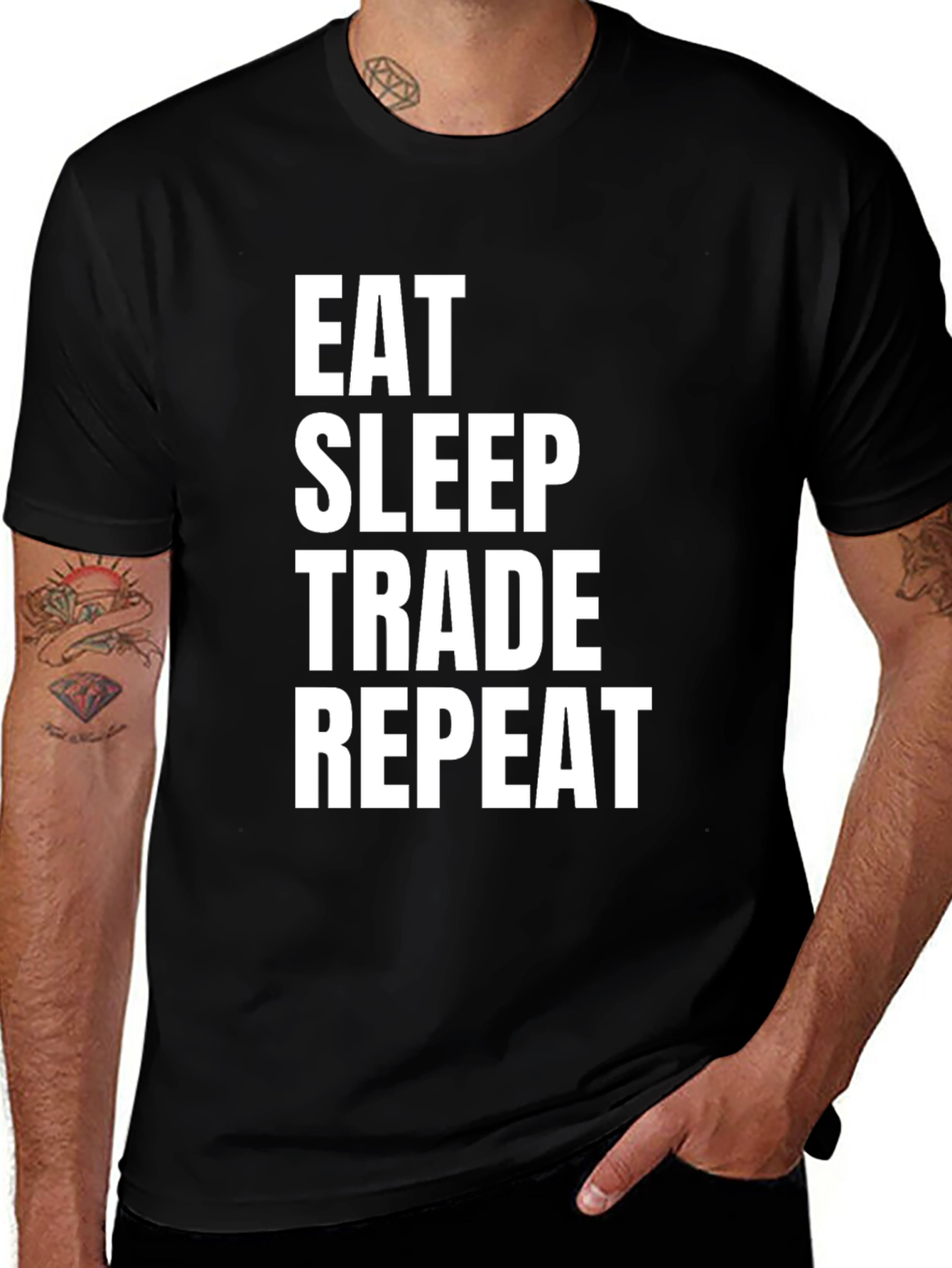Variant 24 of Eat Sleep Trade Repeat Graphic Tee - Black Cotton T-Shirt