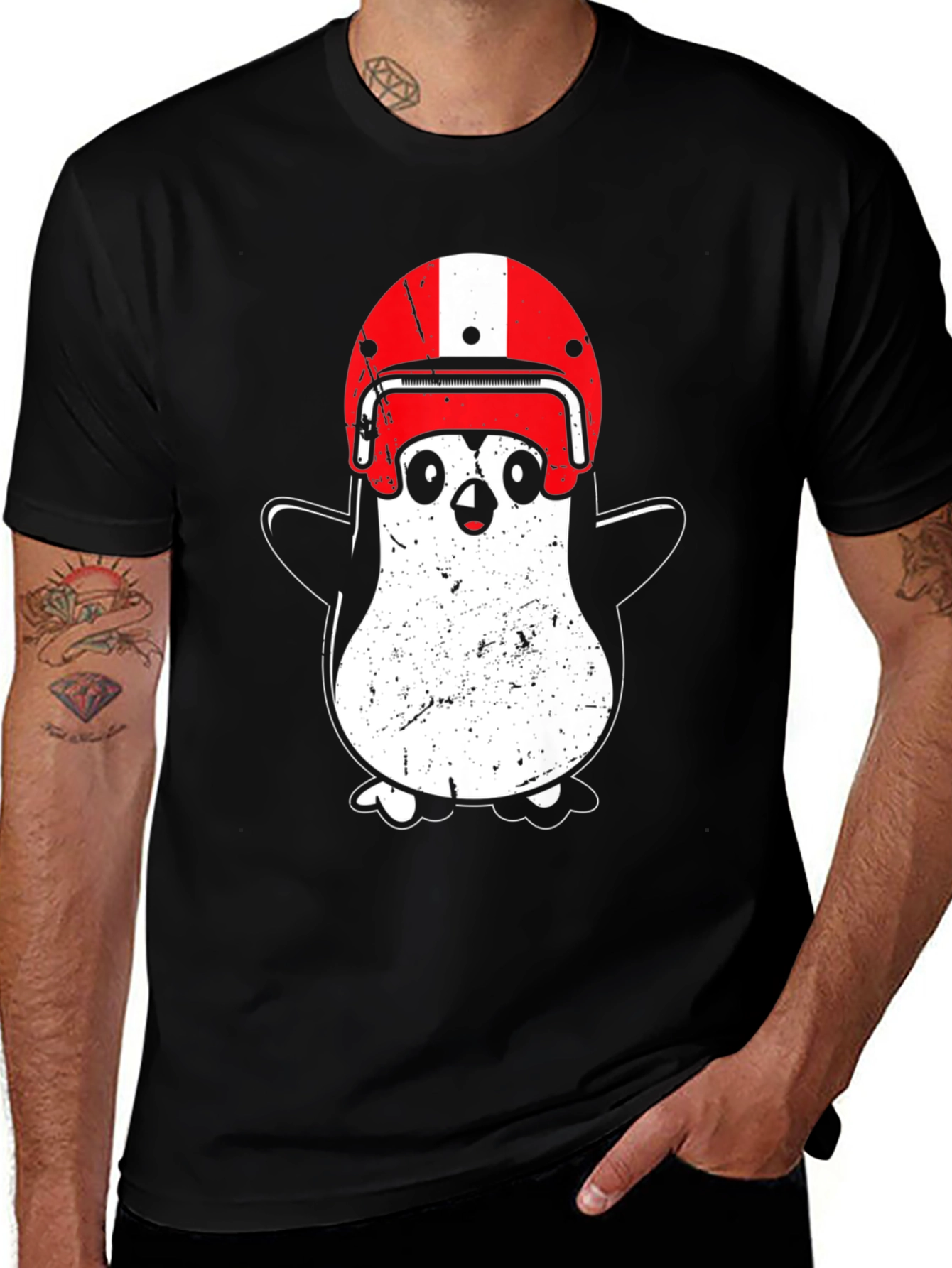 Variant 2 of Penguin Helmet T-Shirt - Black Cotton Graphic Tee