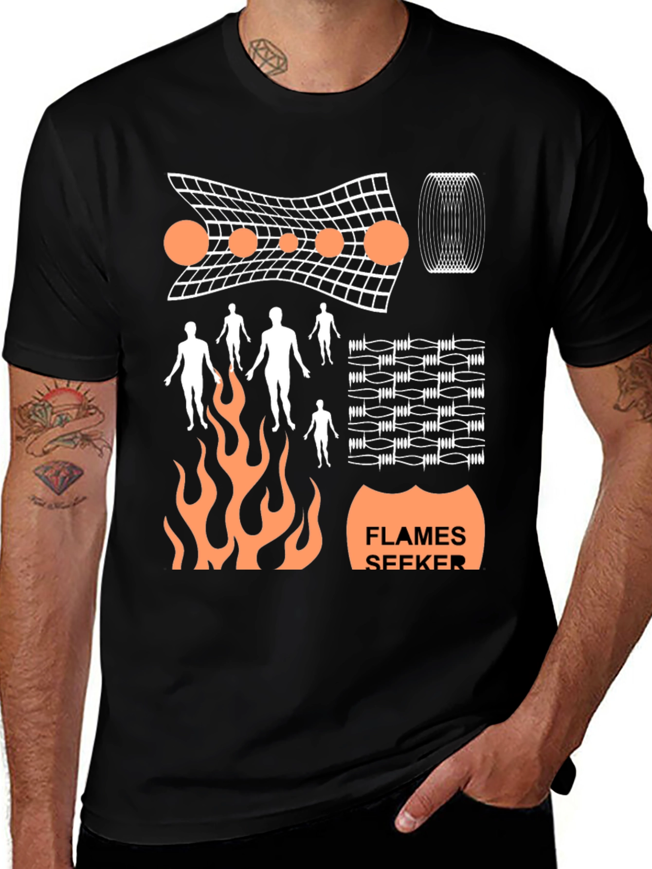 Abstract Graphic Print Tee - Flames Seeker Black T-Shirt