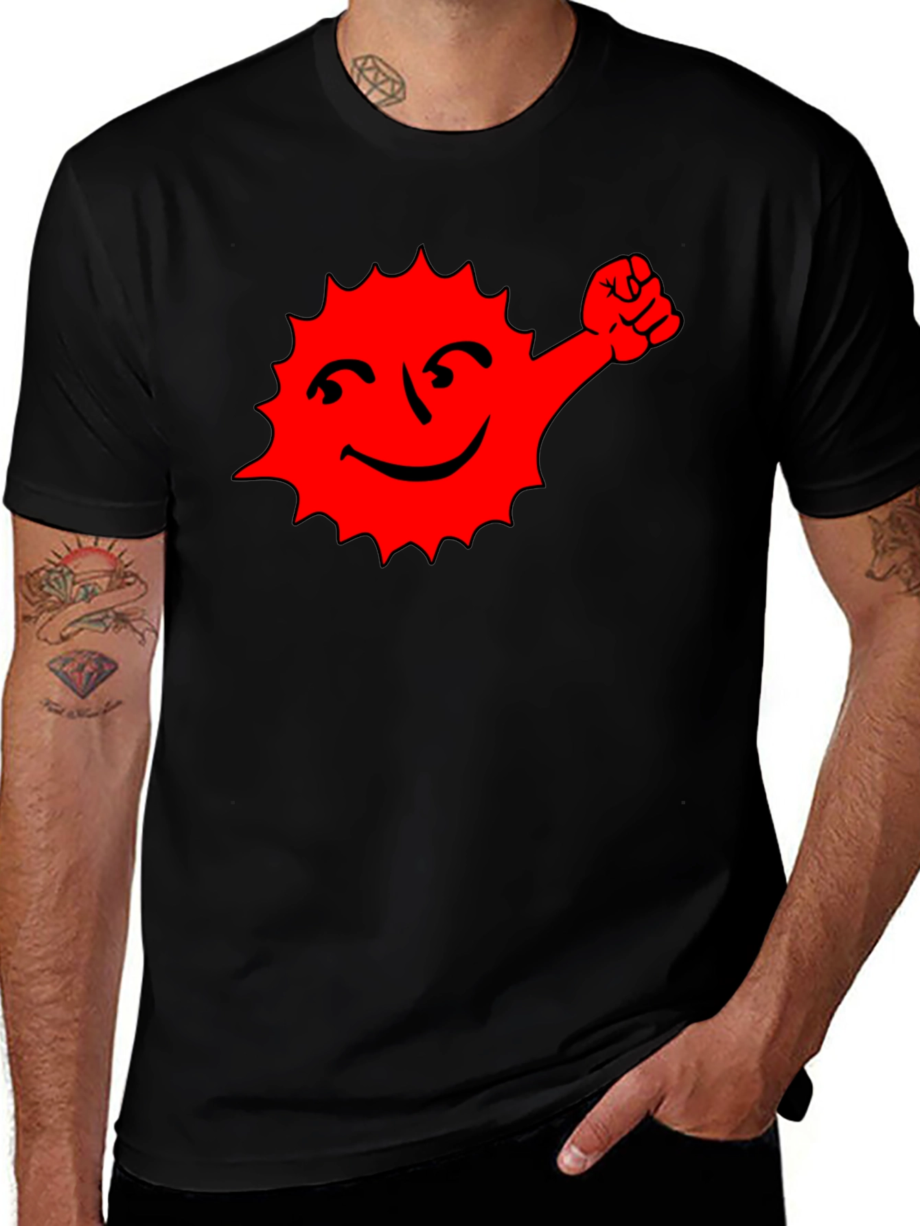 Variant 24 of Black T-Shirt with Red Cartoon Sun Graphic