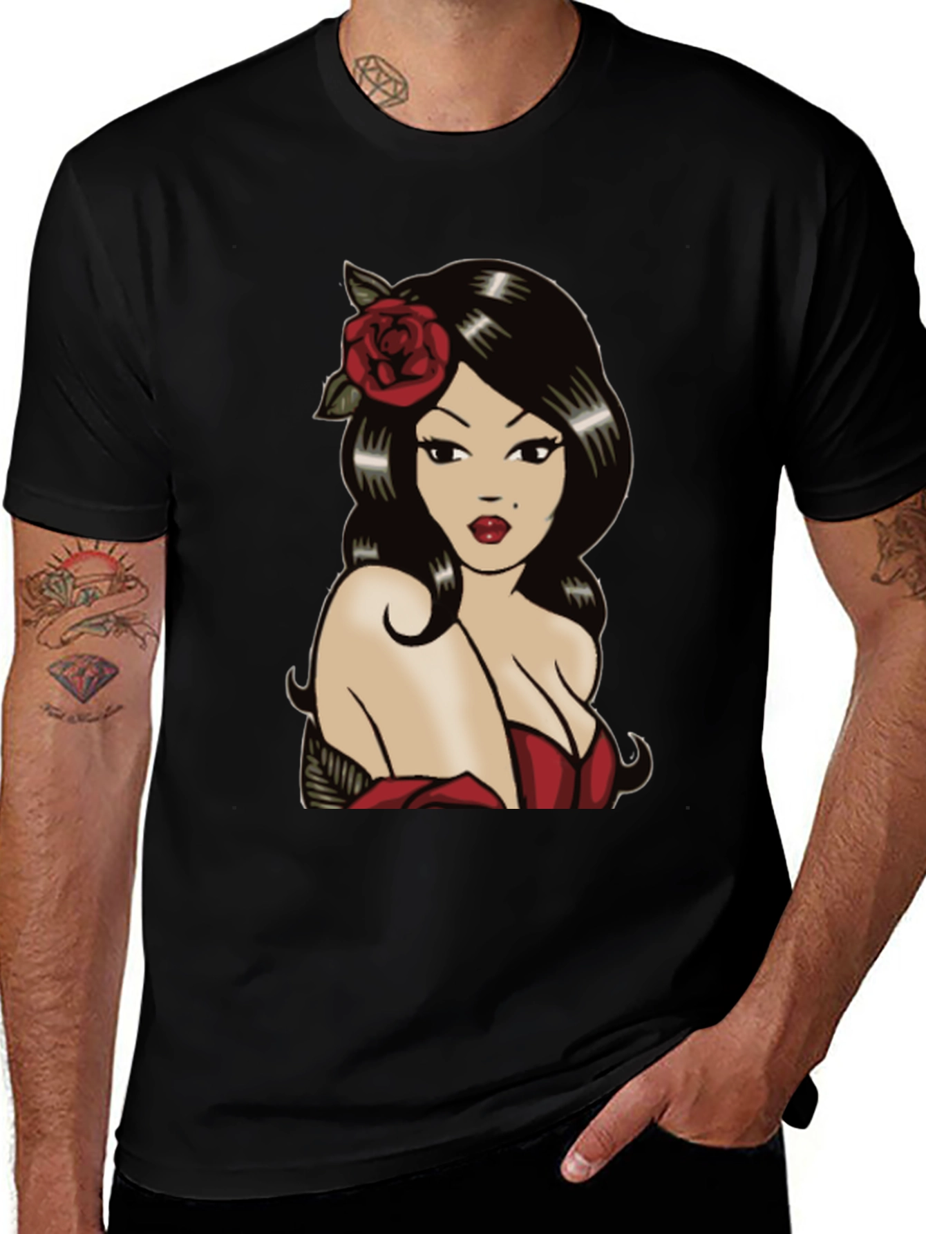 Variant 25 of Retro Tattoo Girl Graphic Tee - Black Cotton T-Shirt