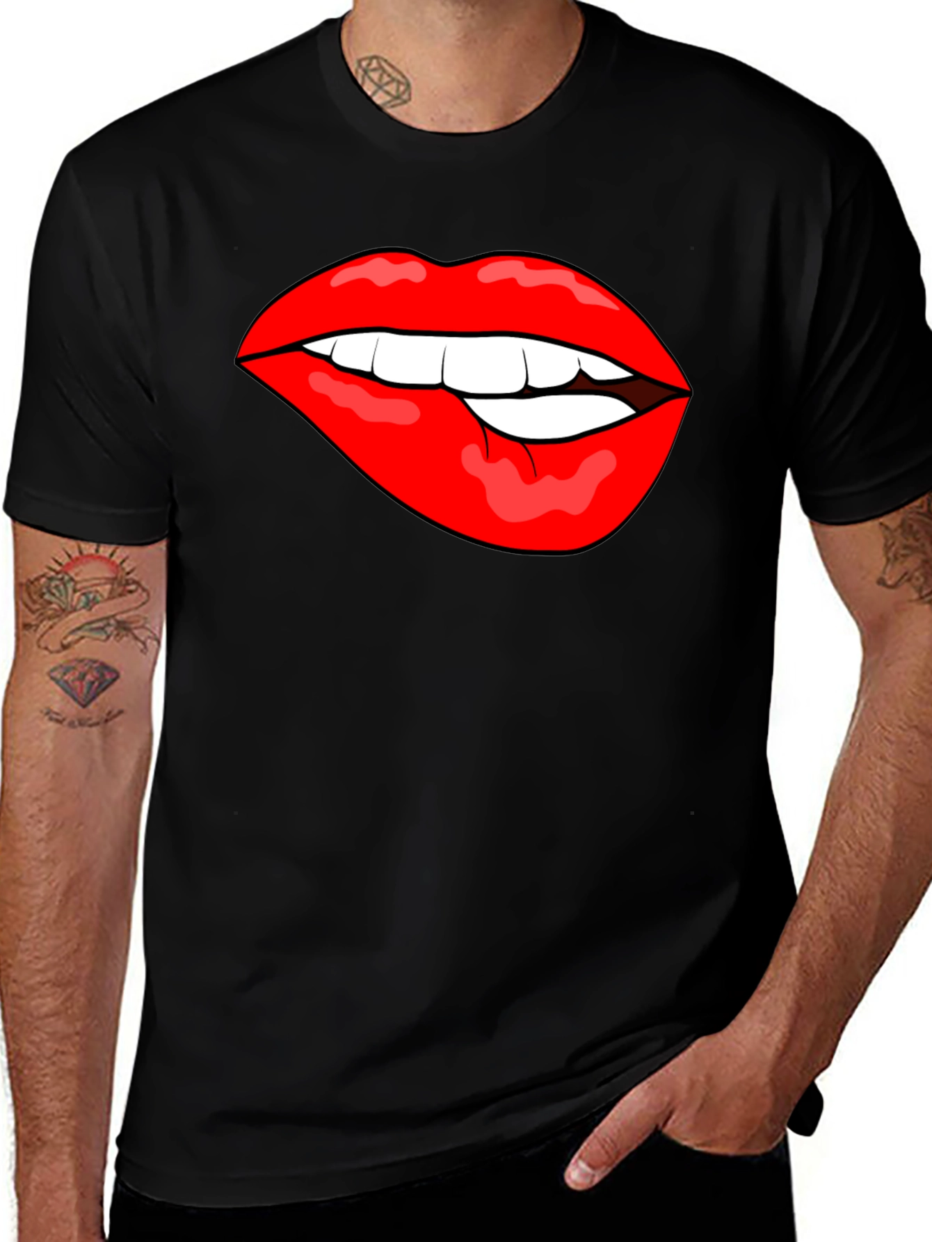 Variant 13 of Biting Lips Graphic T-Shirt - Bold Black Cotton Tee