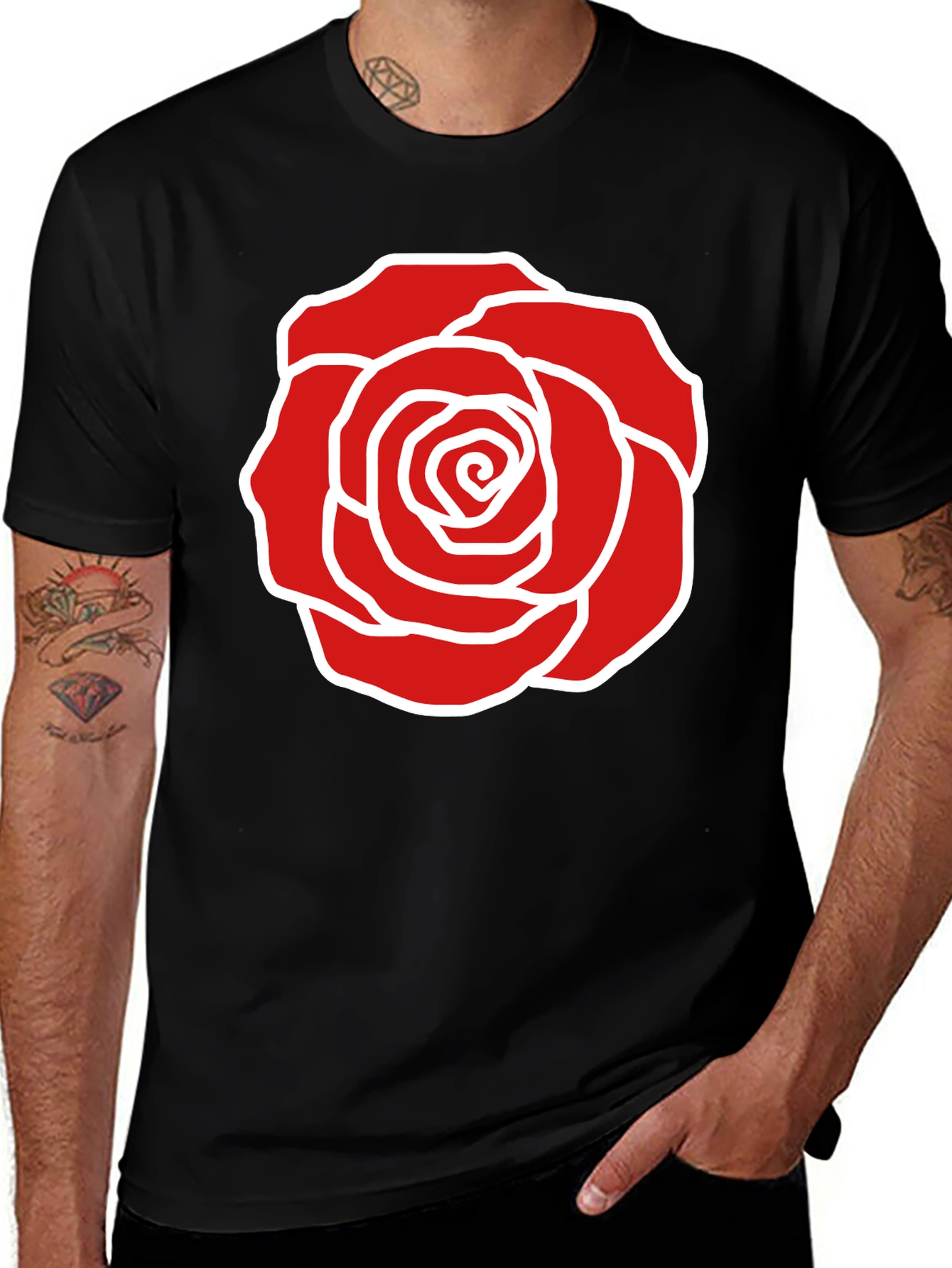 Rose Graphic T-Shirt - Bold Red Floral Design on Black Tee