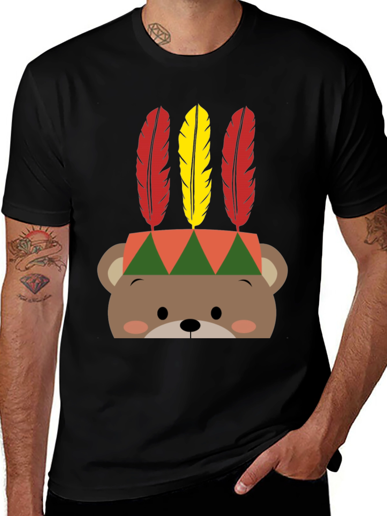 Variant 24 of Cute Bear with Feather Headdress T-Shirt - Black