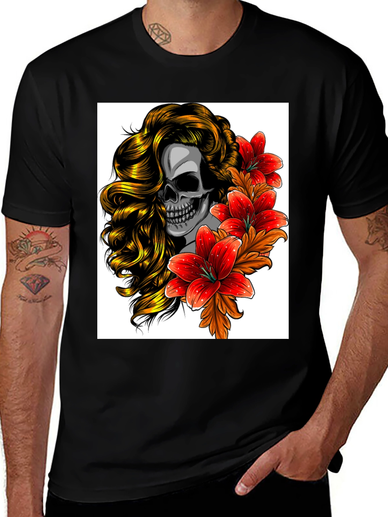 Variant 27 of Skull & Flowers Graphic Tee - Stylish Men's Black T-Shirt