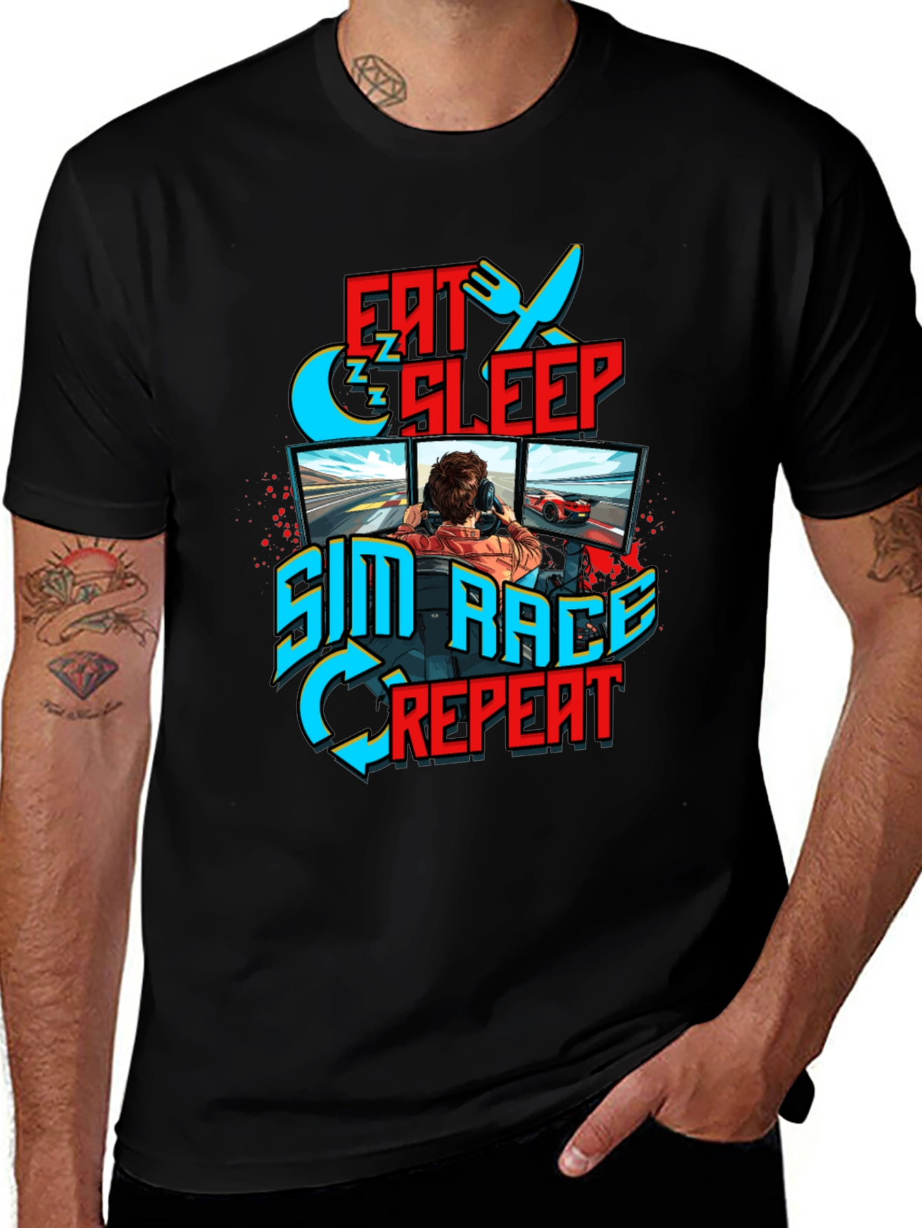 Variant 24 of Eat Sleep Sim Race Repeat Black T-Shirt