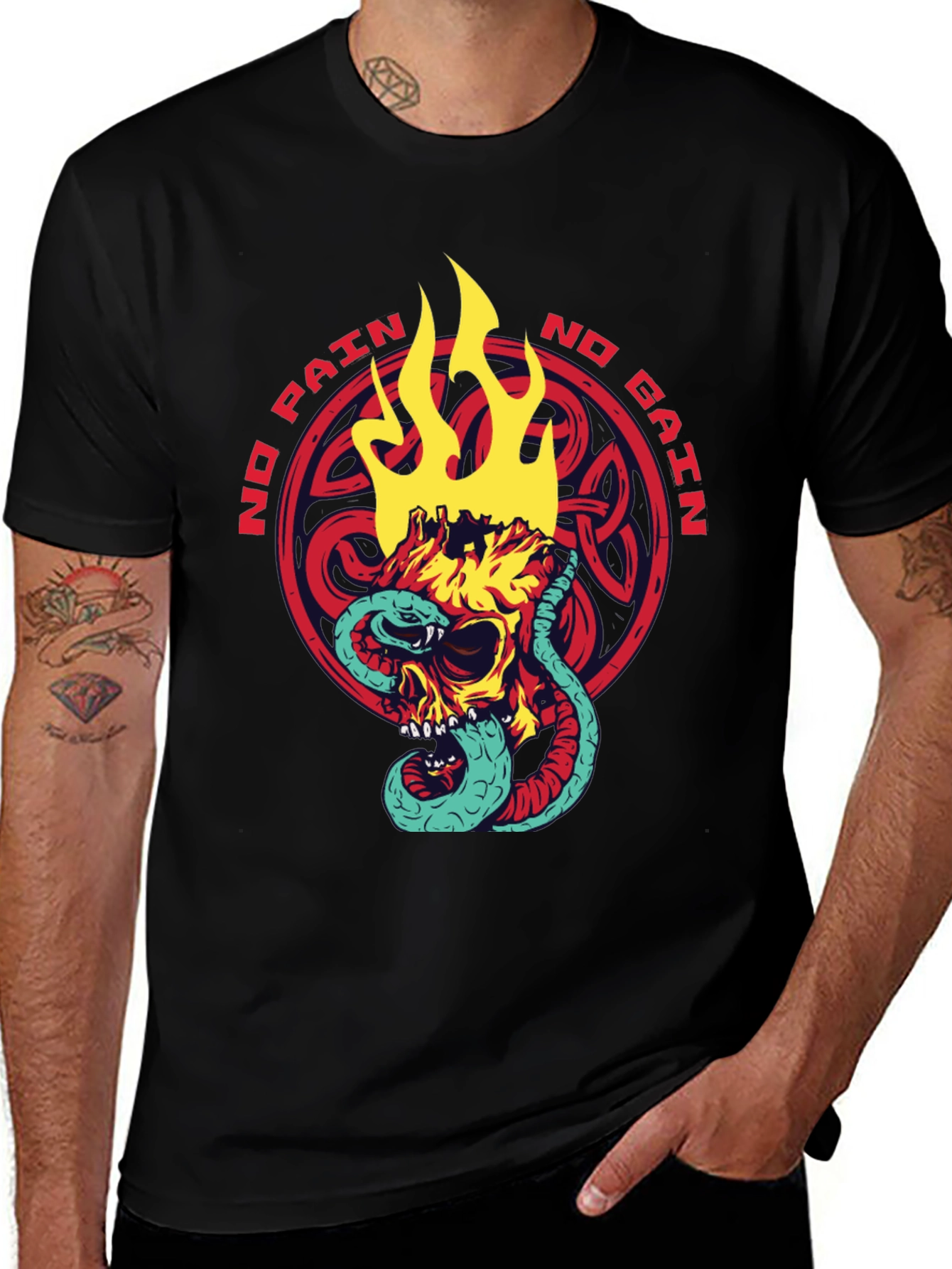 Variant 28 of Skull Snake Fire Graphic Tee - No Pain No Gain Black T-Shirt
