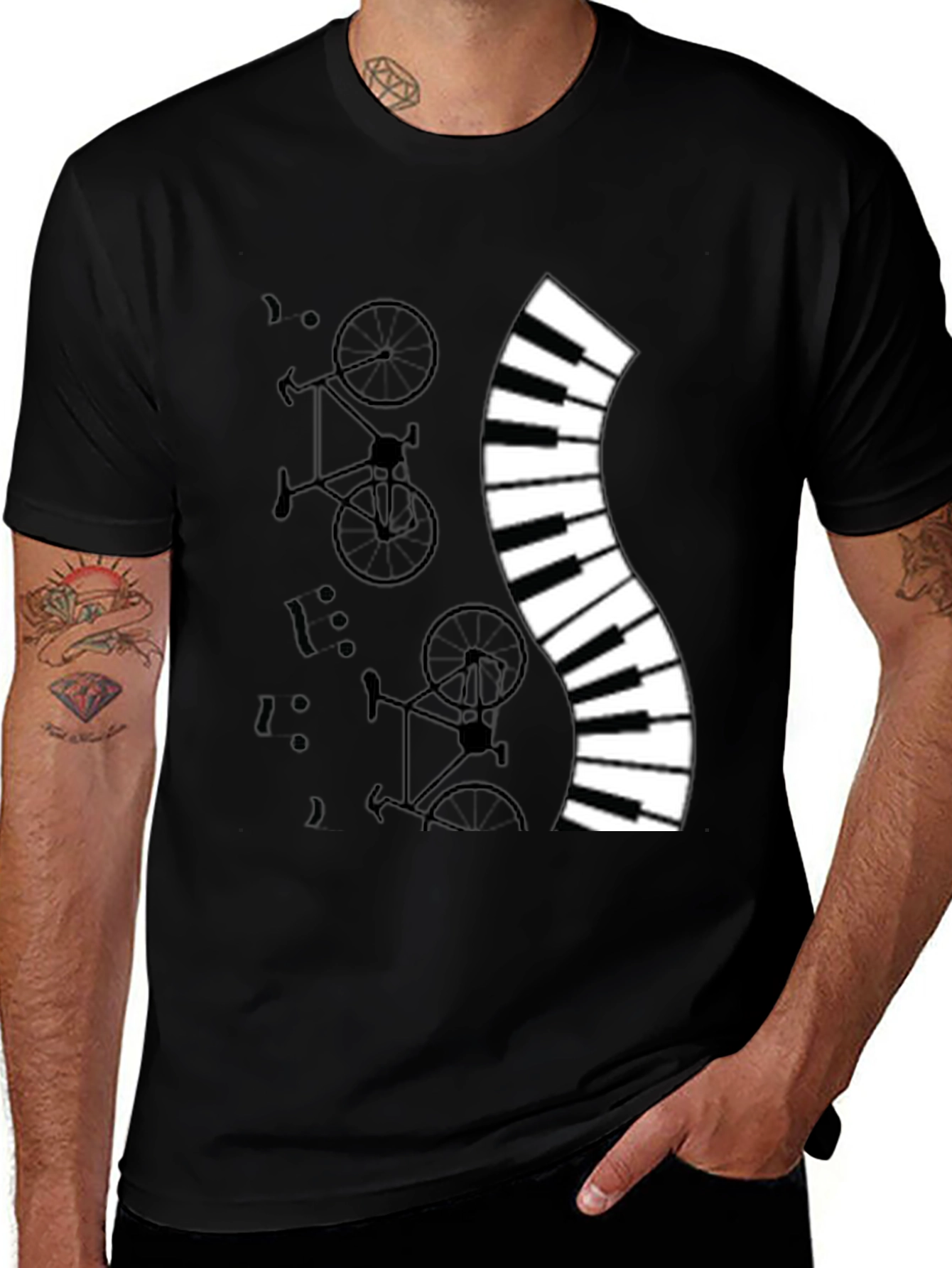 Variant 29 of Men's Black T-Shirt with Piano and Bicycle Design
