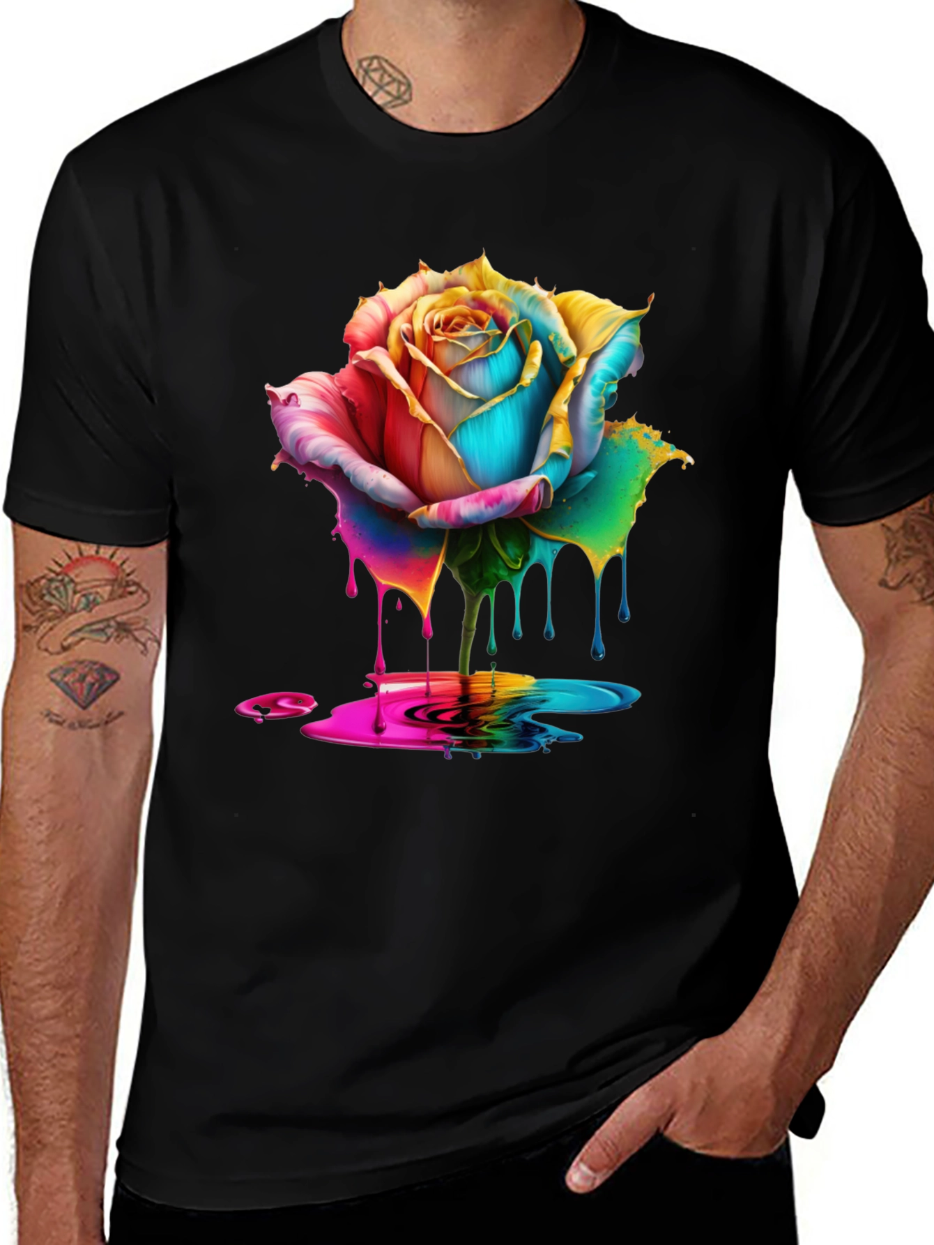 Variant 25 of Rainbow Rose Drip Graphic Black T-Shirt