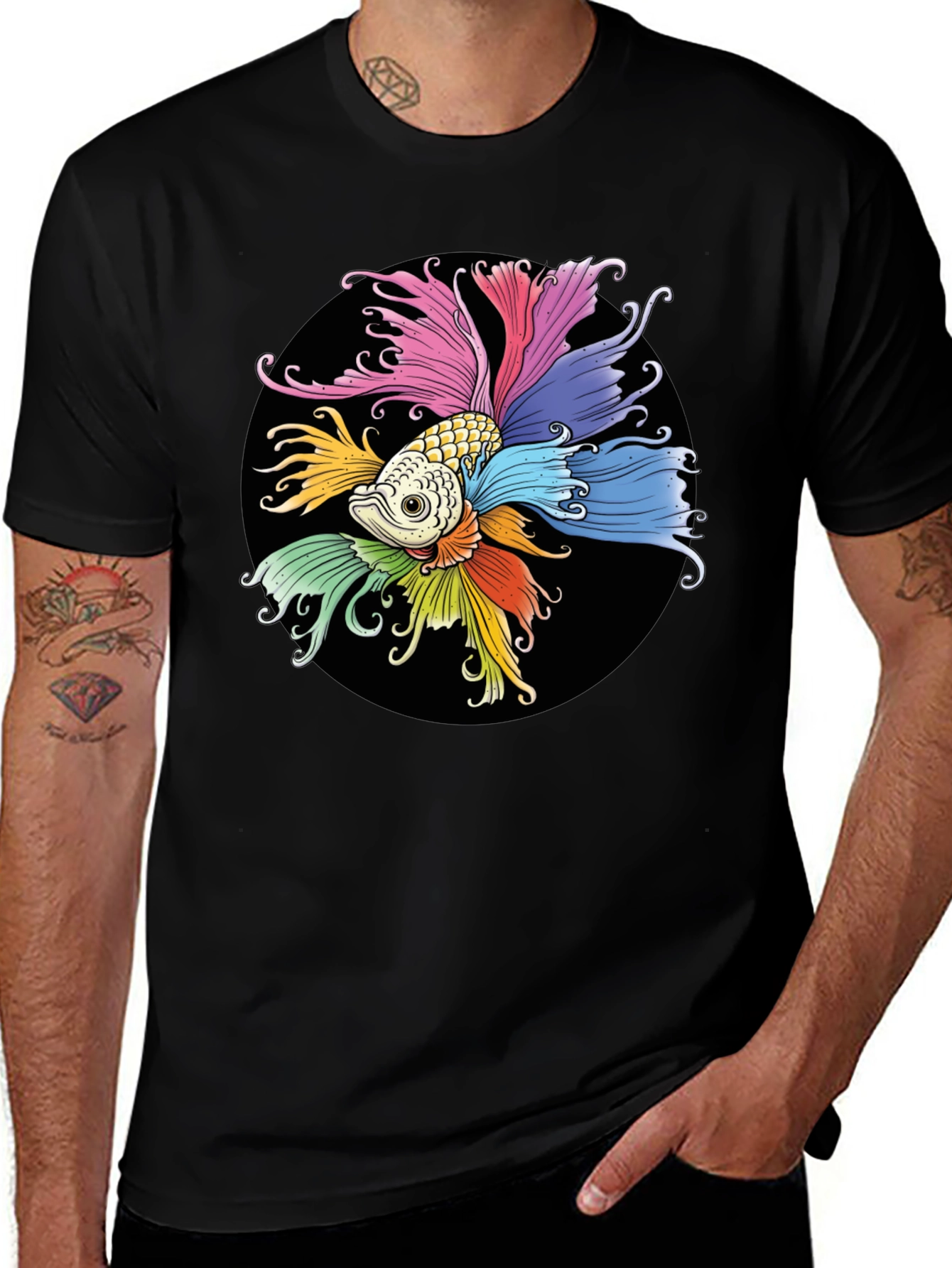 Black Colorful Betta Fish Graphic T-Shirt main image
