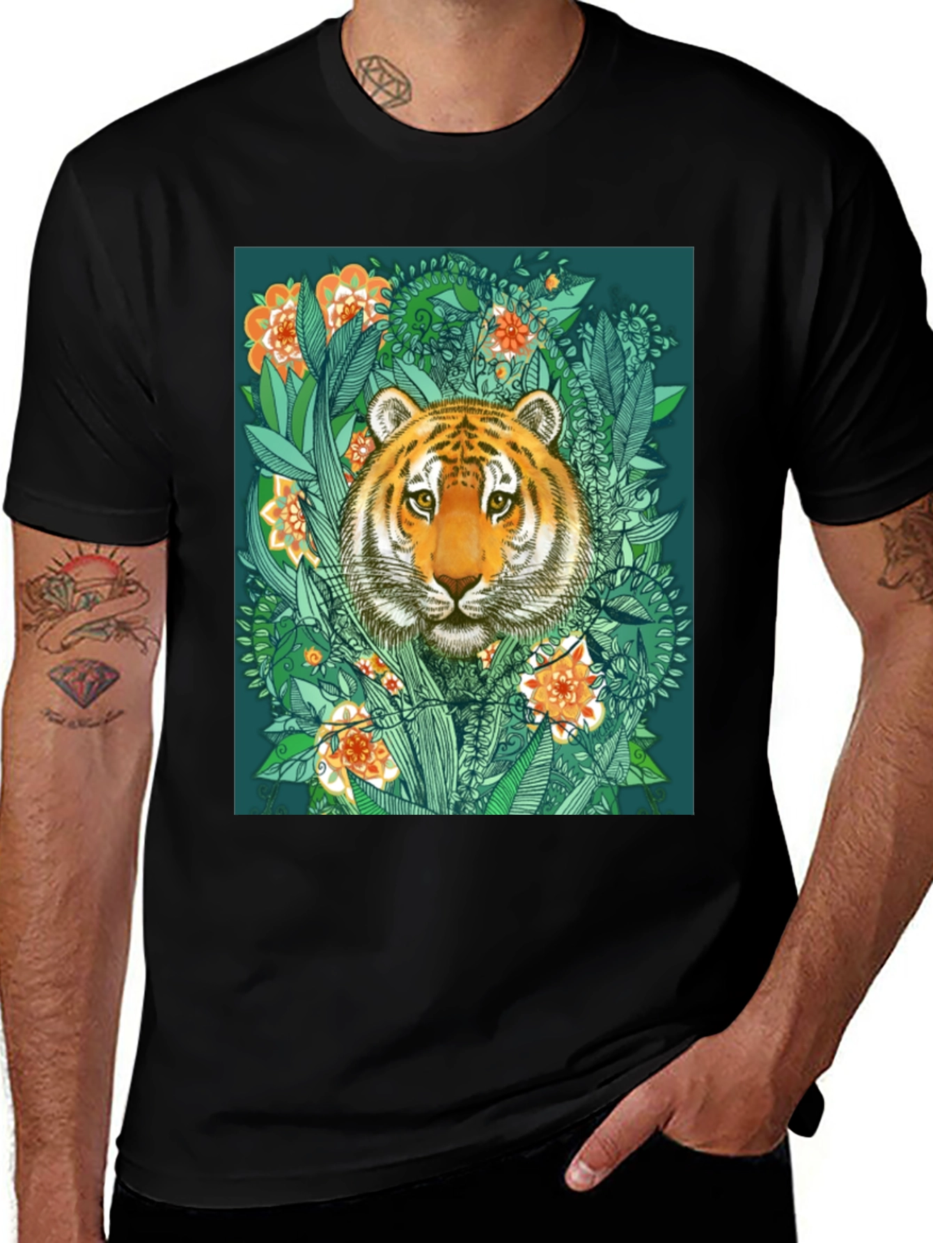 Variant 18 of Tiger Floral Graphic Print Black T-Shirt