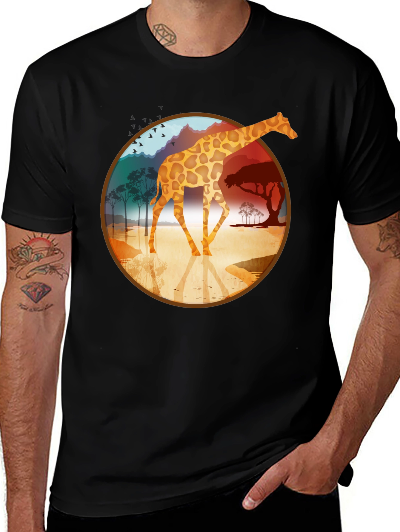 Variant 24 of Giraffe Safari Graphic Tee - Black Cotton T-Shirt