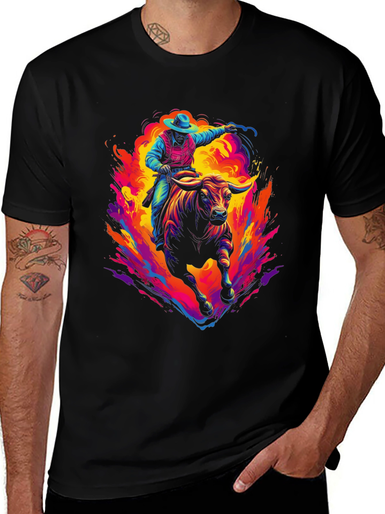 Variant 17 of Vibrant Cowboy Bull Rider Graphic Tee - Western Style