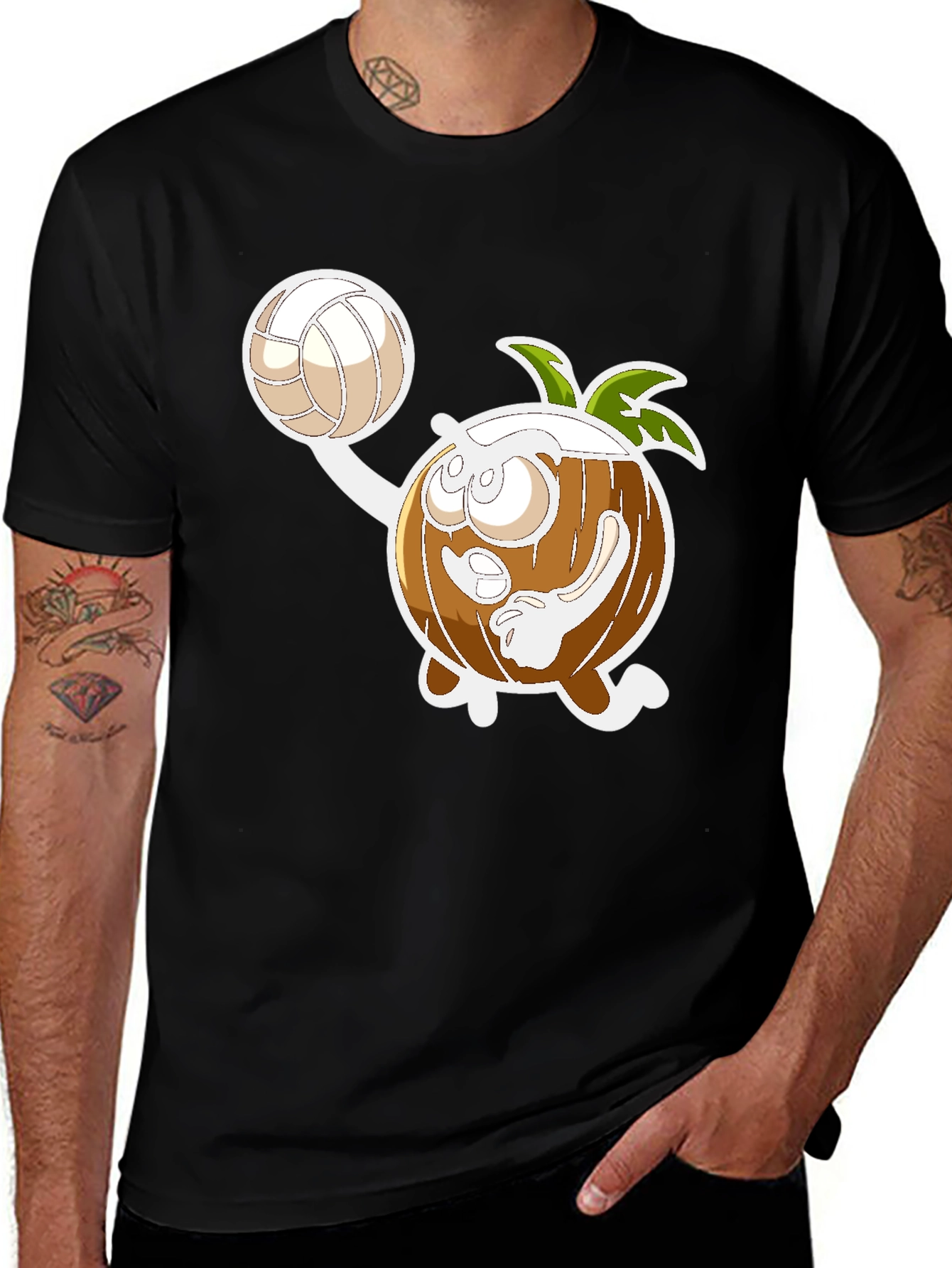 Funny Coconut Volleyball Cartoon Black T-Shirt