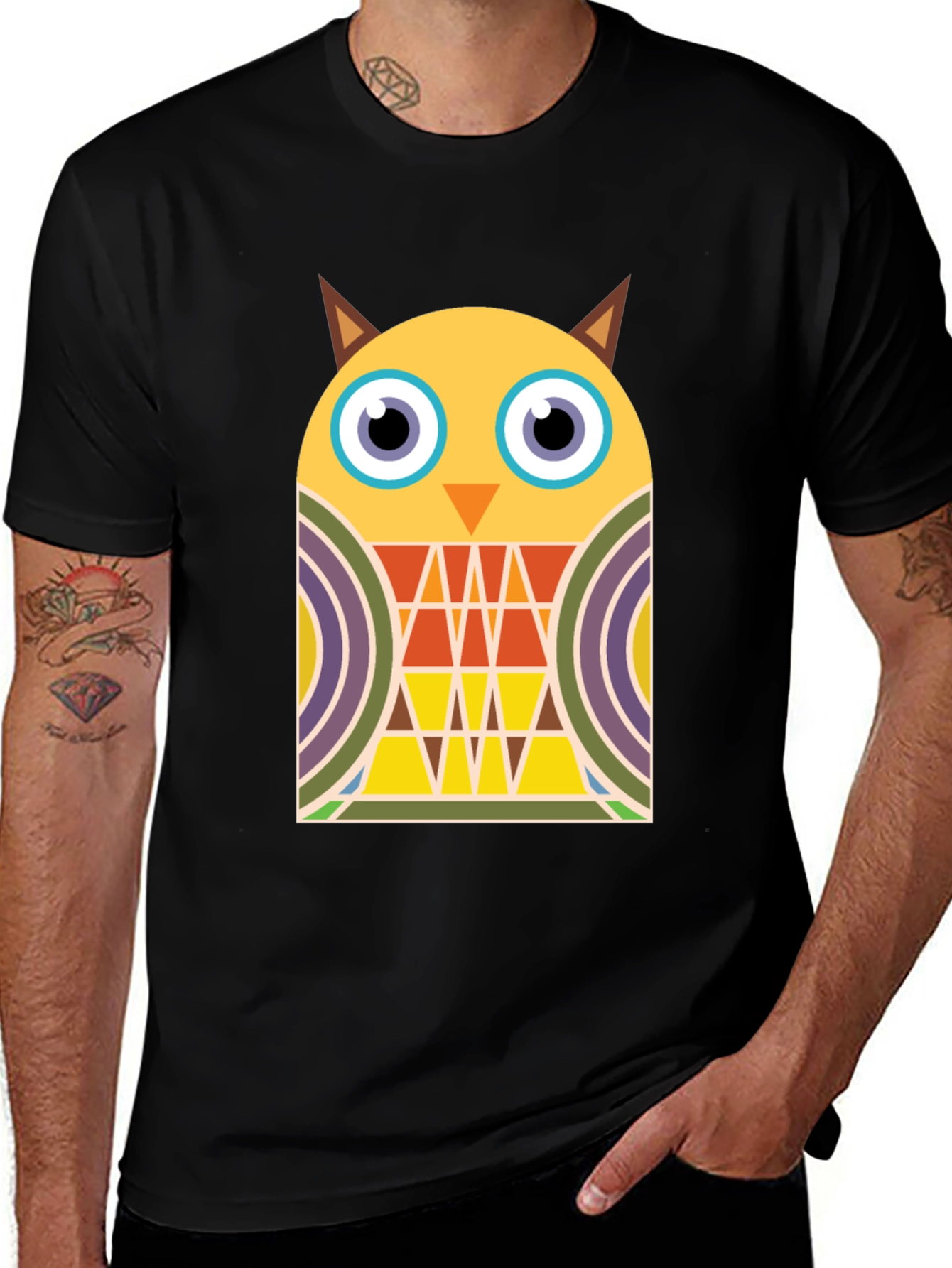 Variant 15 of Funky Geometric Owl Graphic Tee - Black