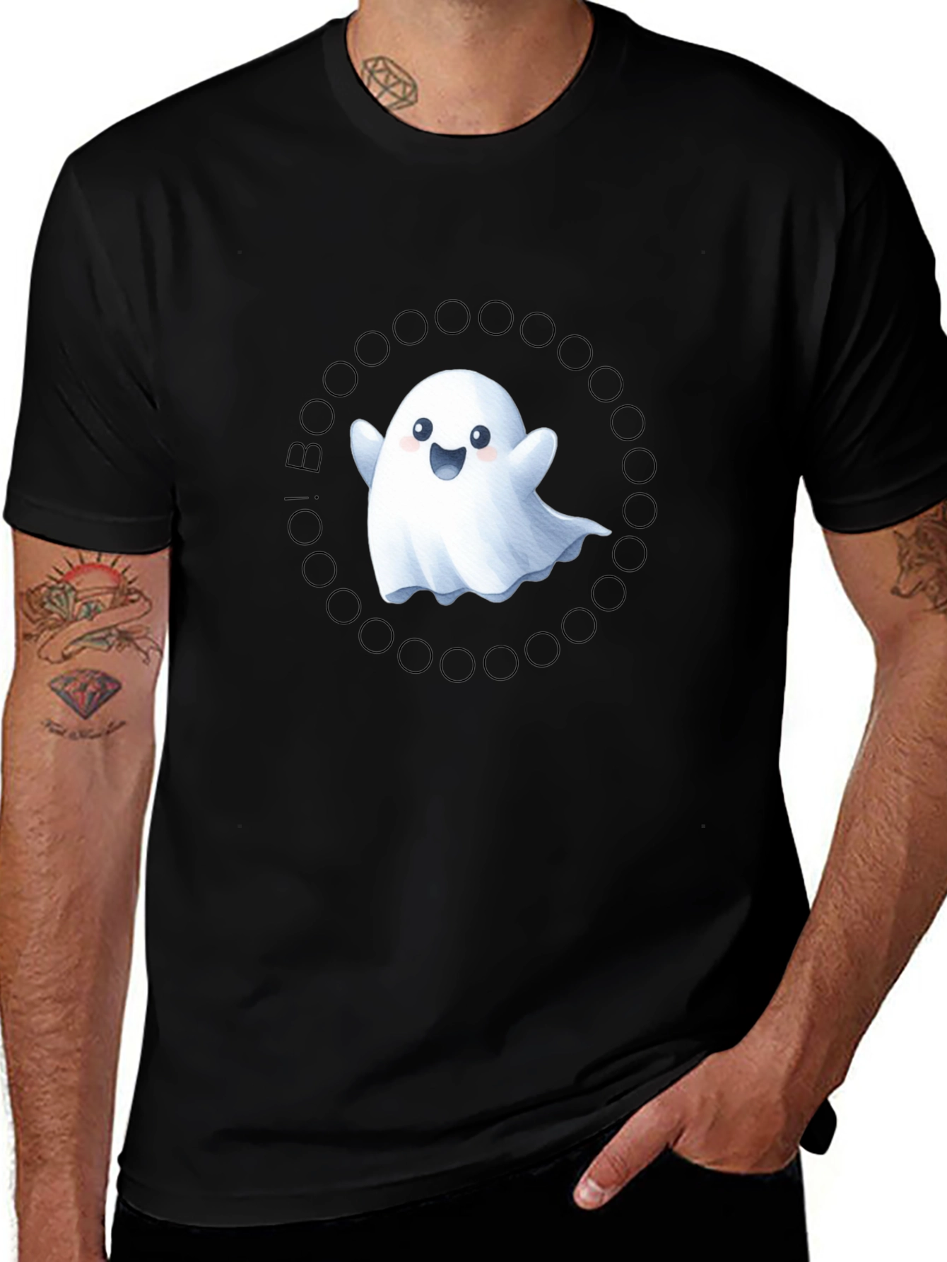 Variant 9 of Boo! Cute Ghost Graphic Tee - Black Cotton T-Shirt
