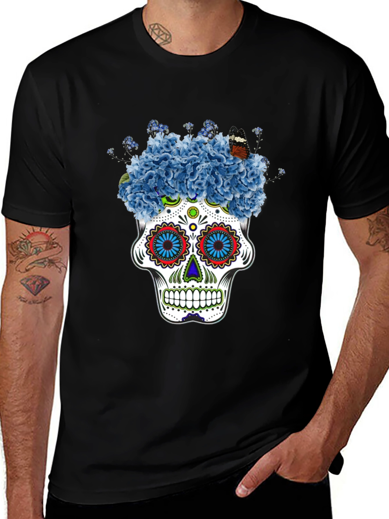 Variant 25 of Floral Skull Graphic Tee - Black