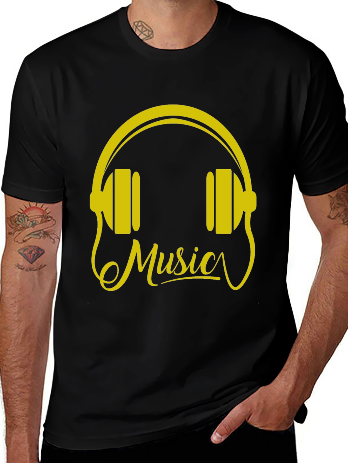 Music Headphones Graphic Tee - Black Cotton T-Shirt