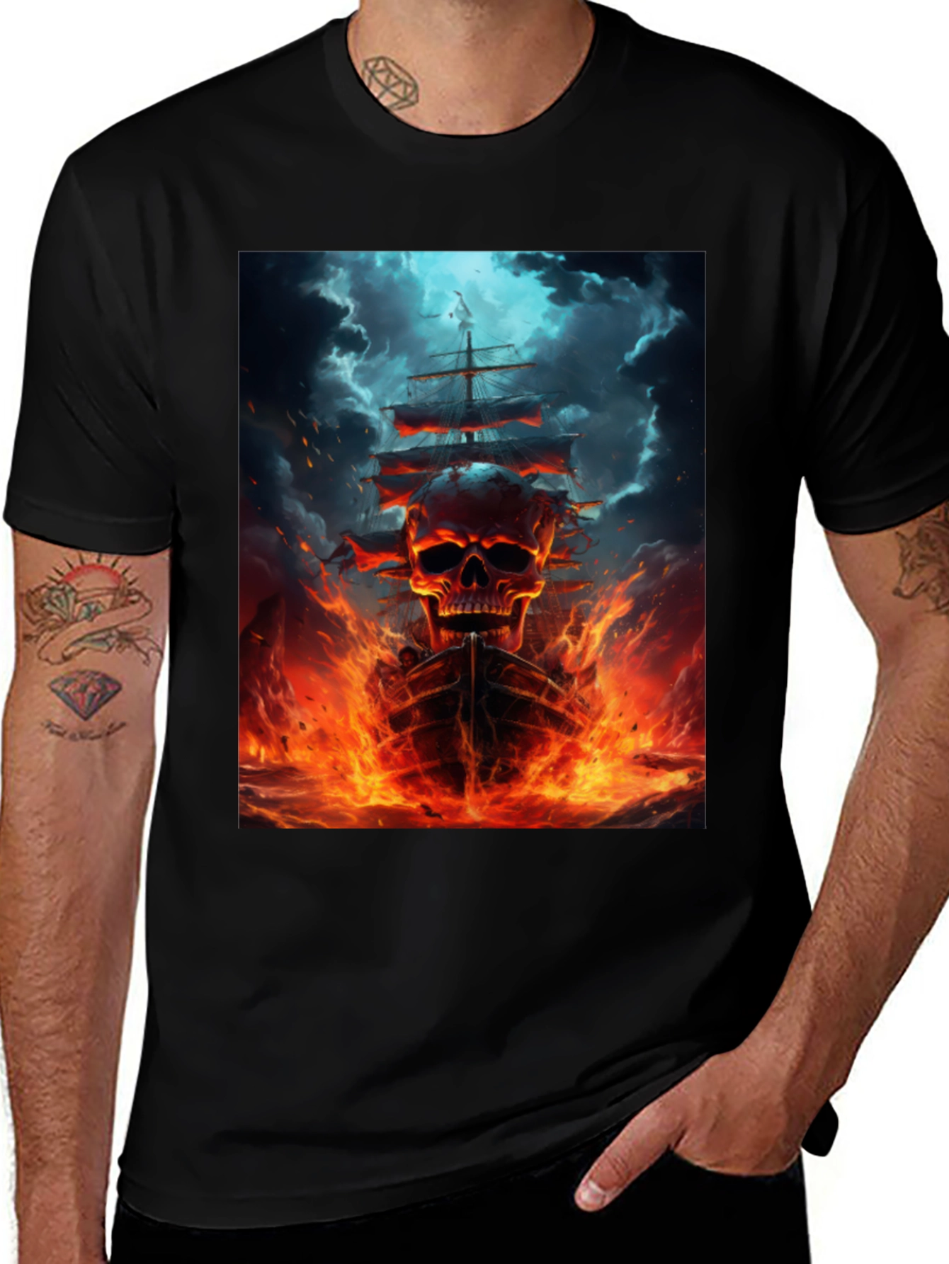 Black Skull Ship Graphic Black T-Shirt main image