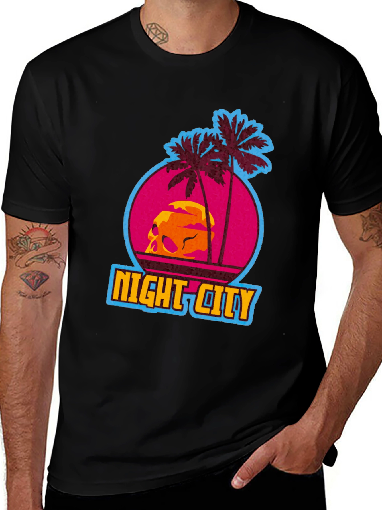 Variant 23 of Night City Skull Graphic Tee - Retro Sunset Vibes