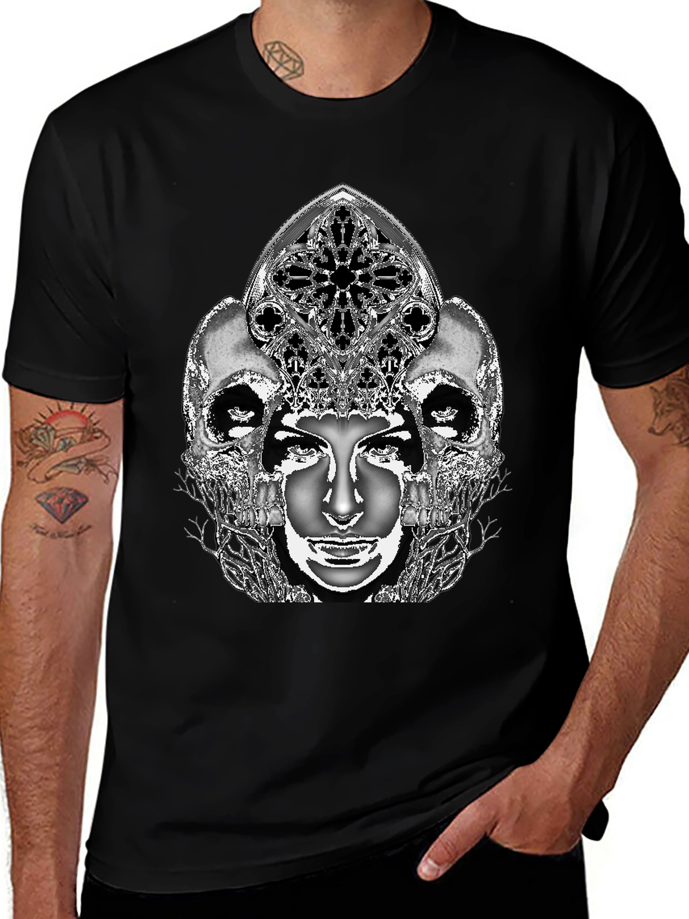 Variant 16 of Gothic Skull & Face Graphic Tee - Black