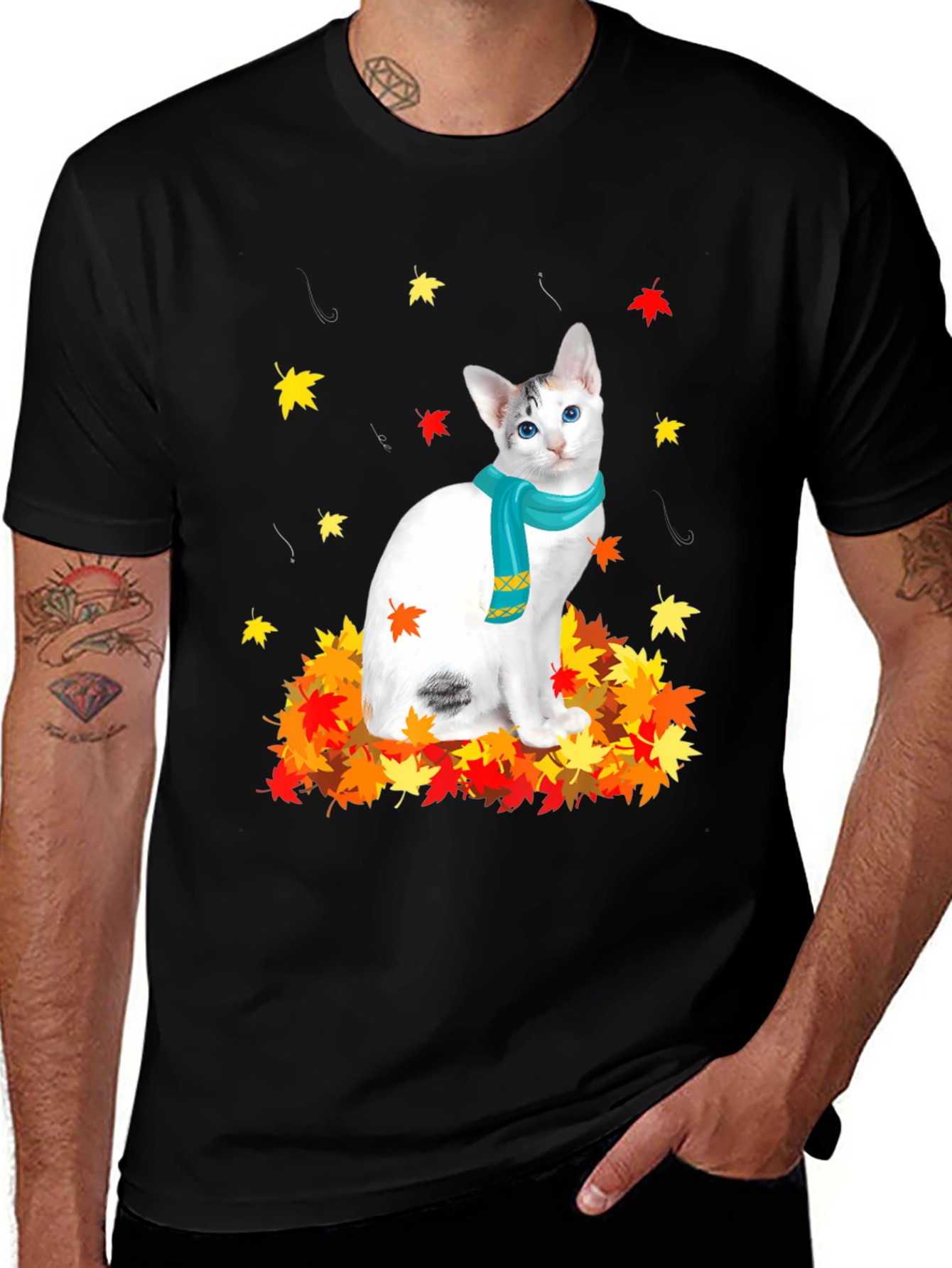 Variant 20 of Autumn Cat T-Shirt: Festive Fall Leaves Design