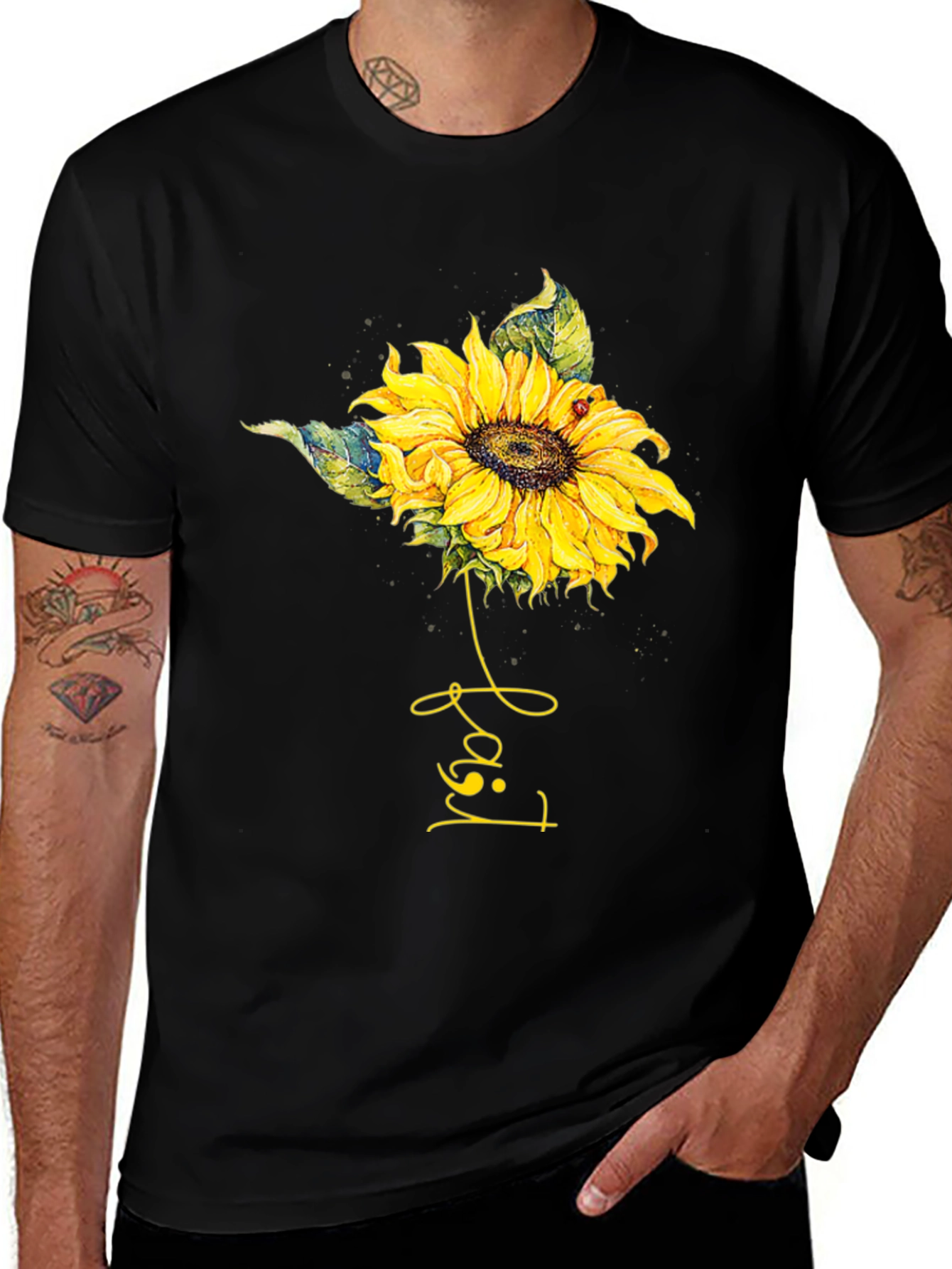 Variant 30 of Sunflower Ladybug T-Shirt - Black Cotton Tee