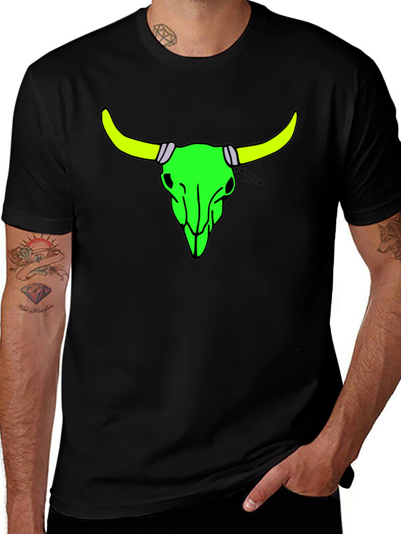 Variant 15 of Neon Bull Skull Graphic Tee - Bold Black Cotton Shirt