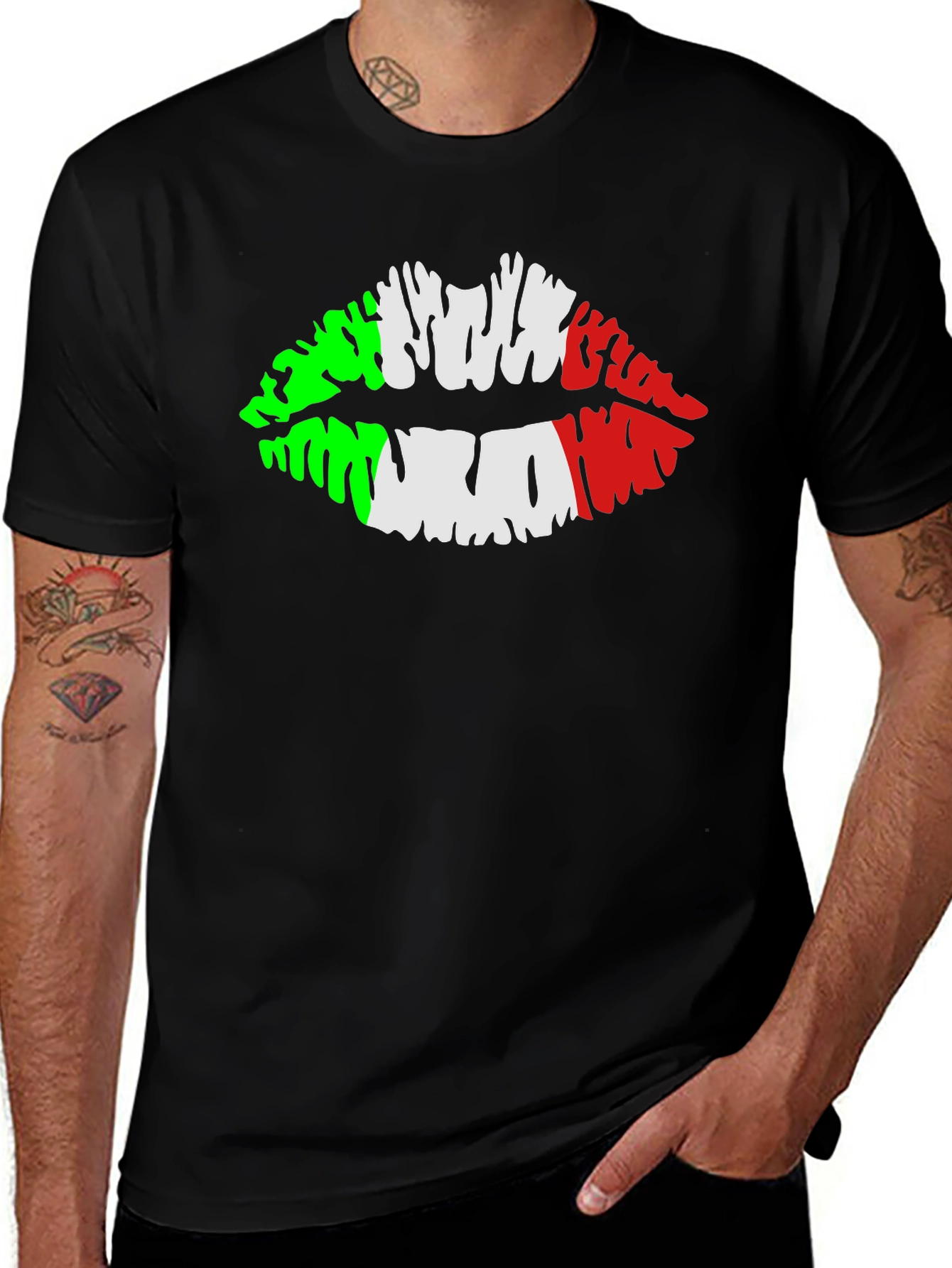 Variant 25 of Italian Flag Lips Graphic Black T-Shirt