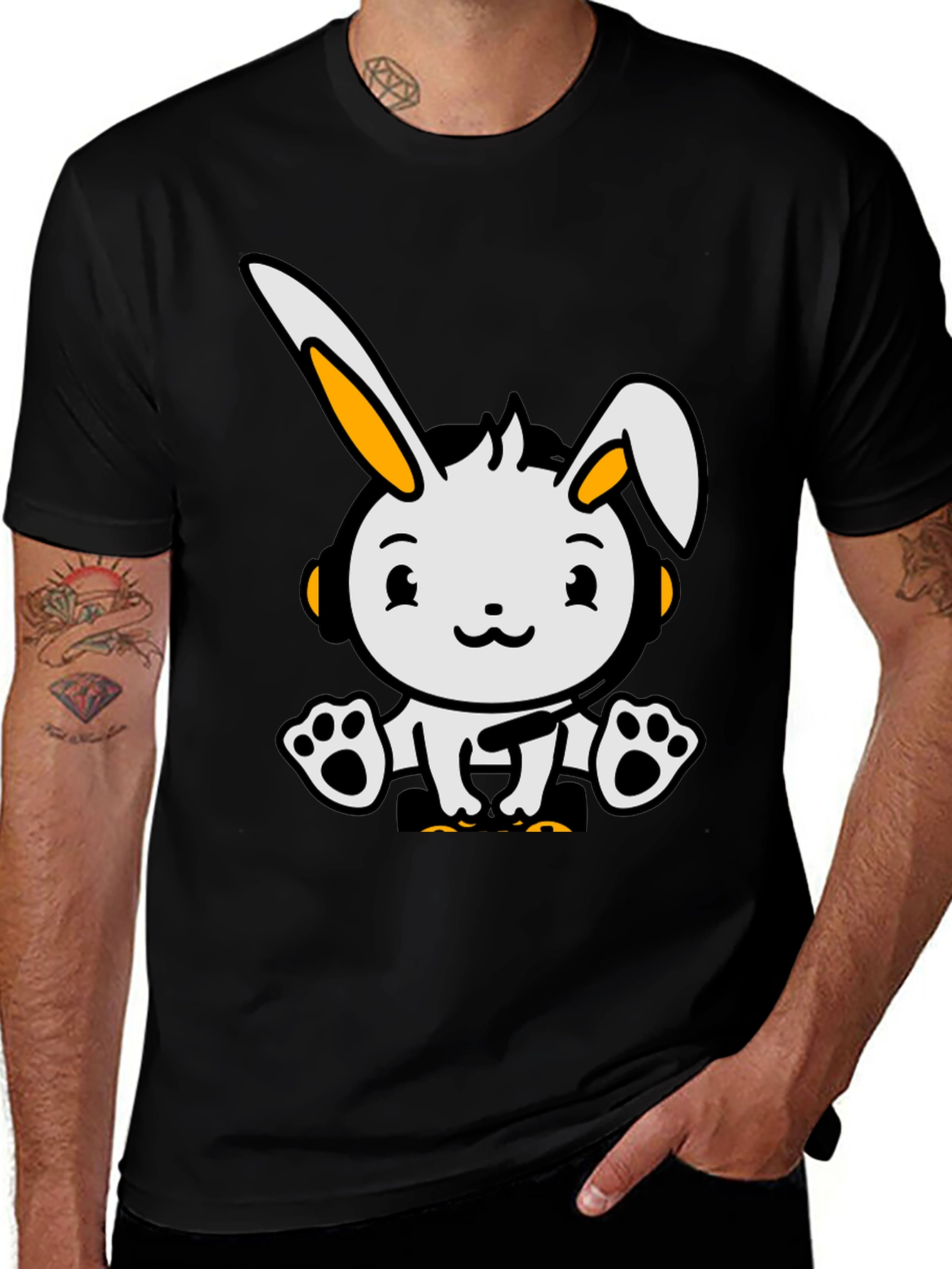 Variant 29 of Cute Cartoon Rabbit Graphic Tee - Black Cotton Blend