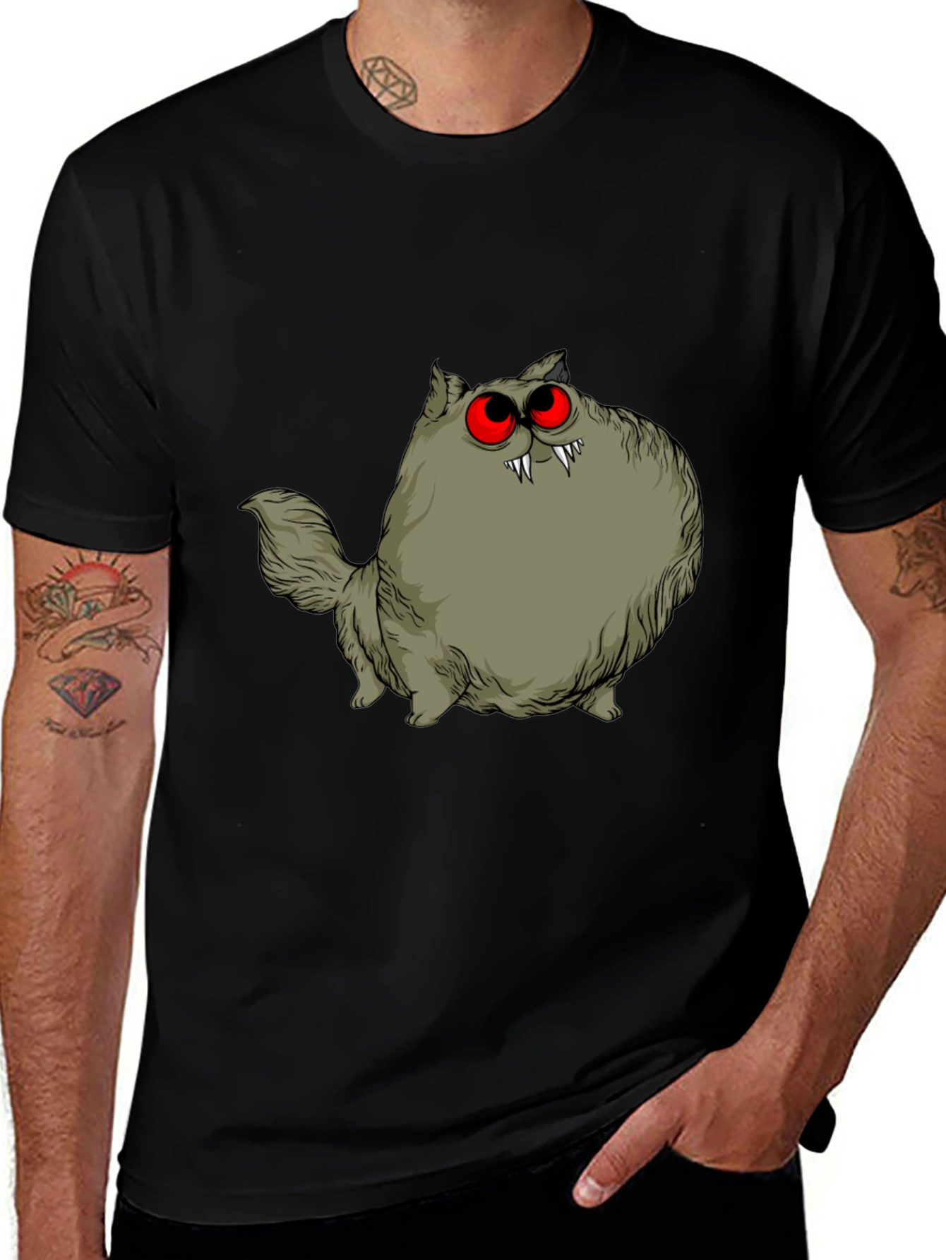 Variant 21 of Creepy Cat Graphic Tee - Red Eyes, Fangs, Unique
