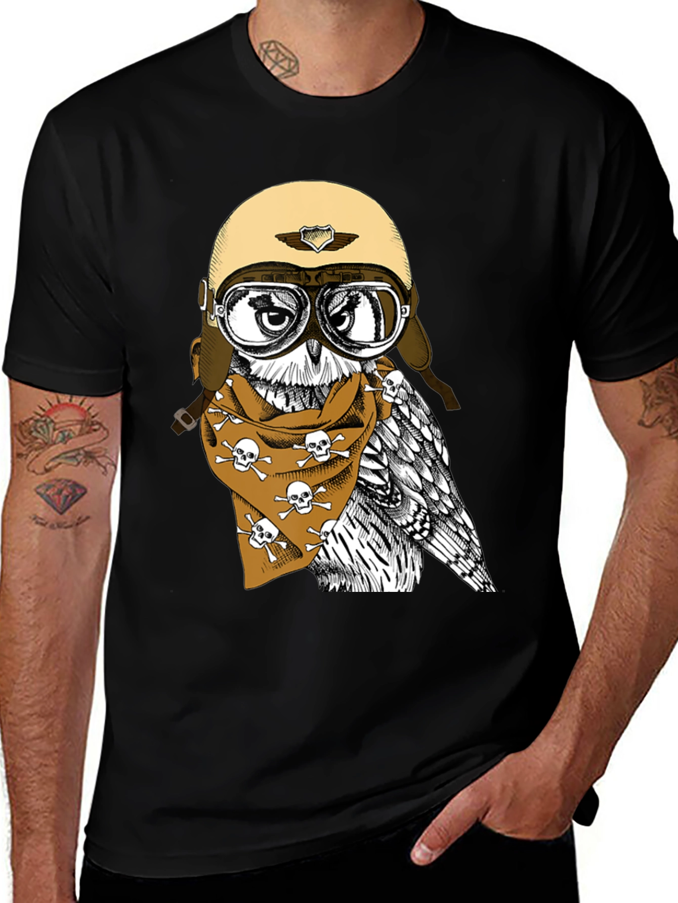 Biker Owl T-Shirt - Skull Bandana