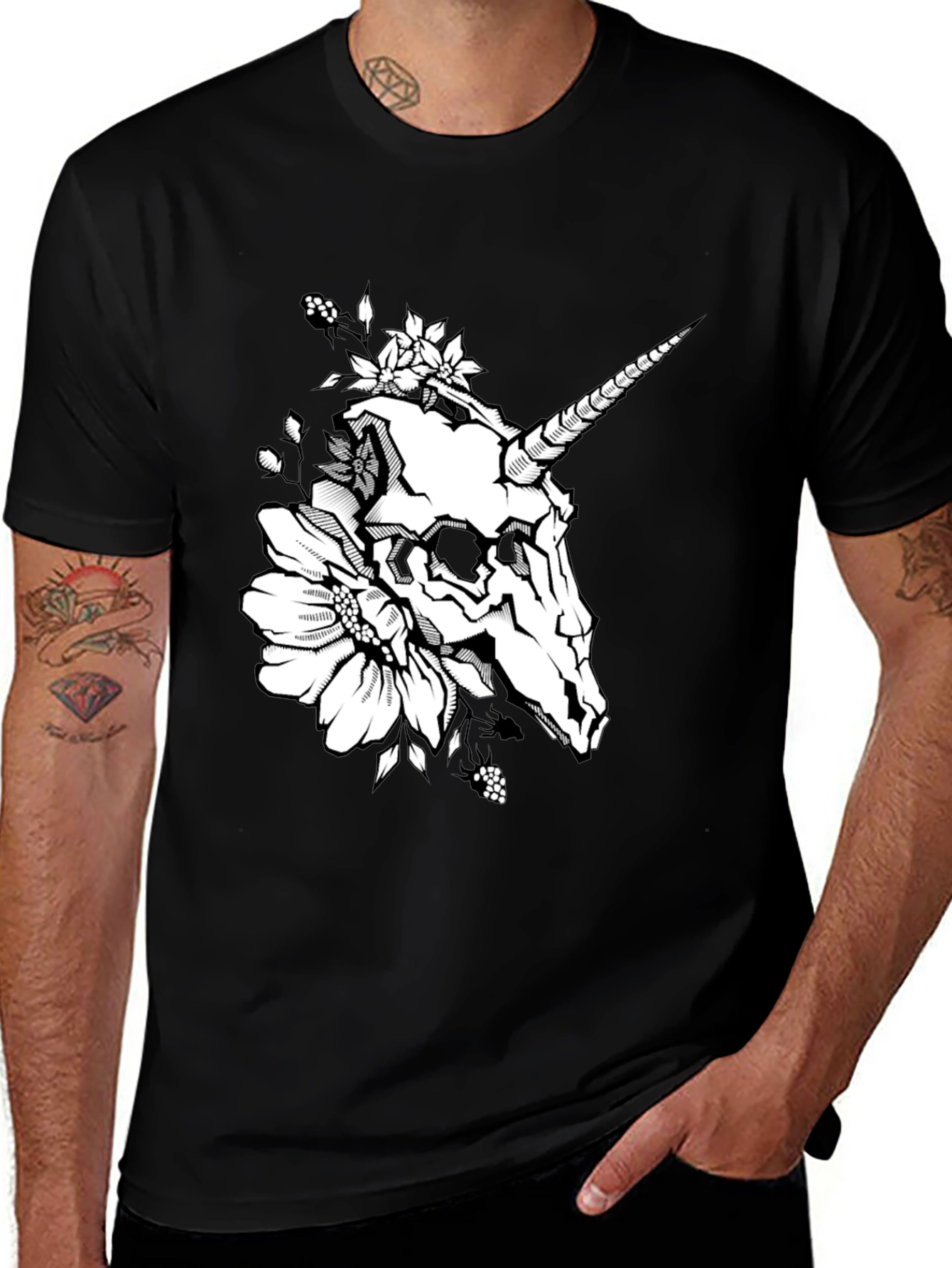 Variant 22 of Unicorn Skull Floral Graphic T-Shirt - Black